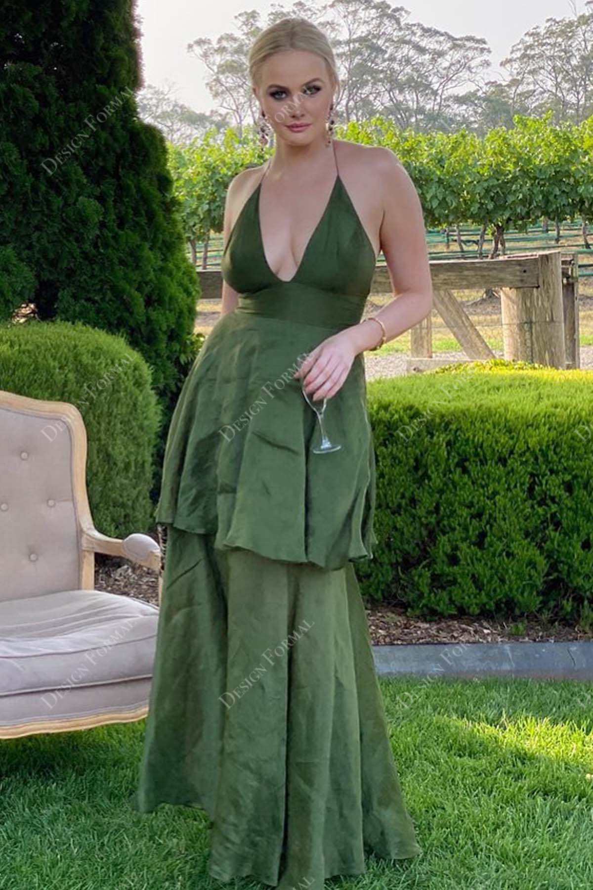 green plunging tiered thin straps satin custom prom dress