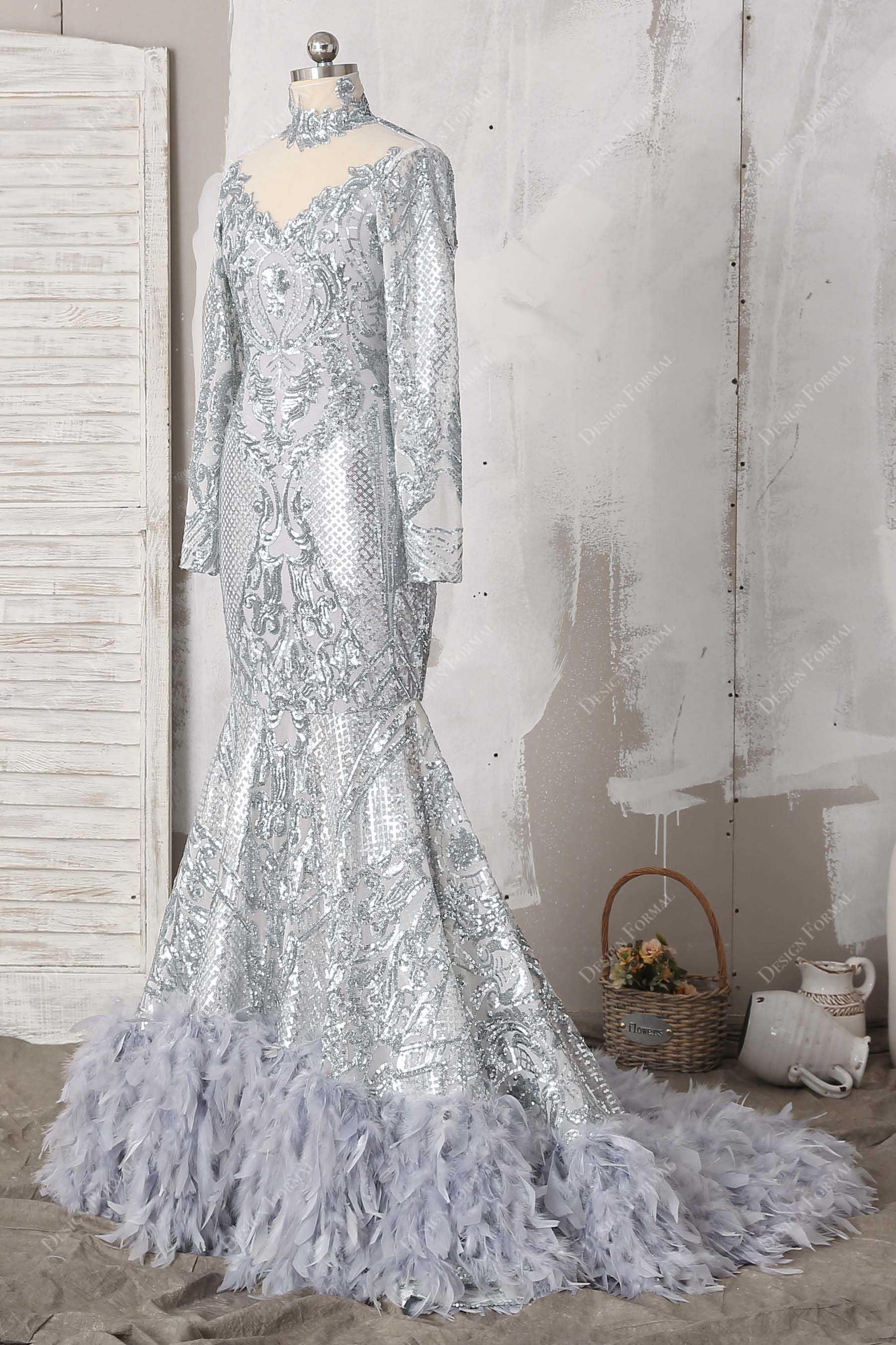 grey feathers mermaid long sleeve prom gown