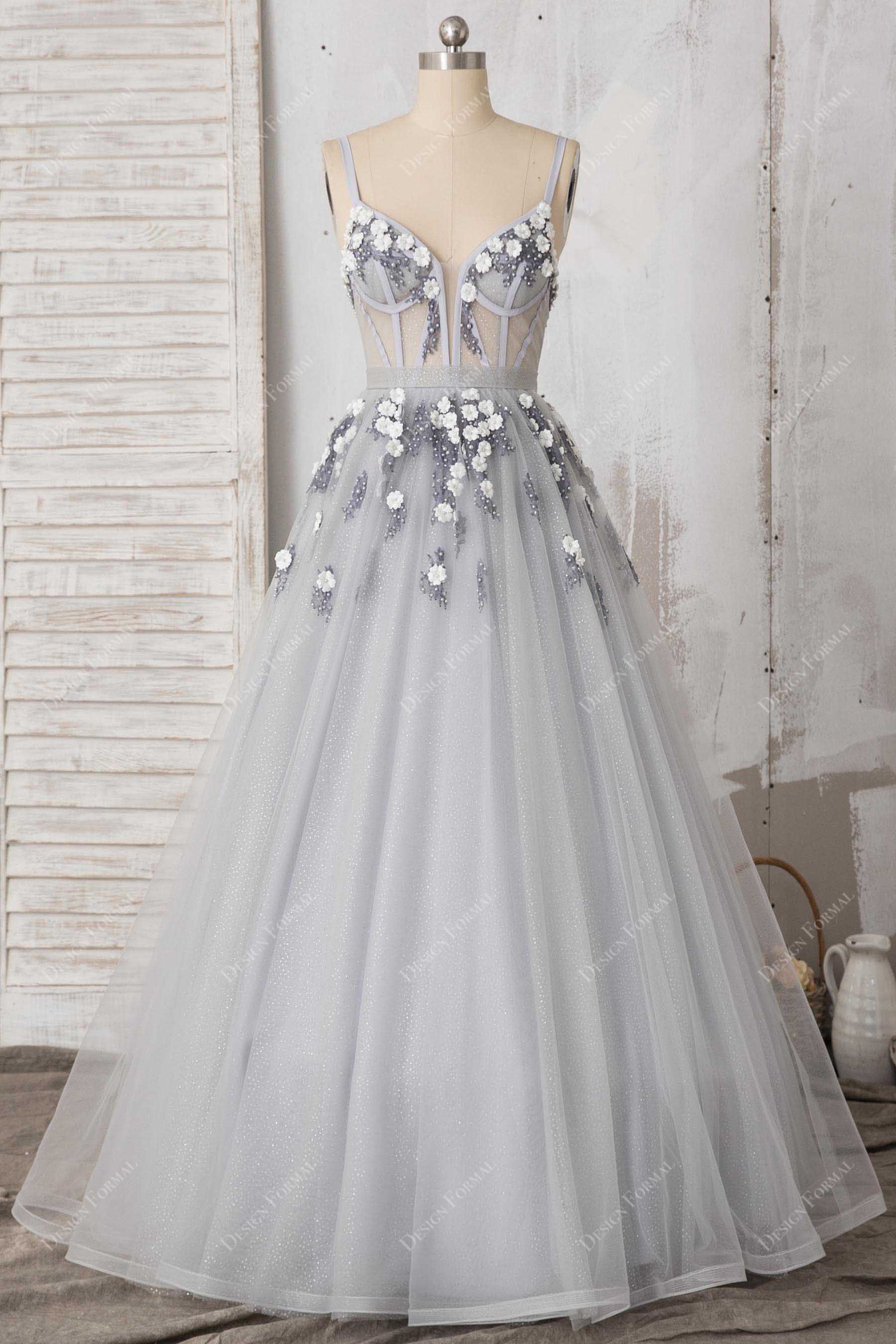 grey glitter tulle sheer corset prom dress