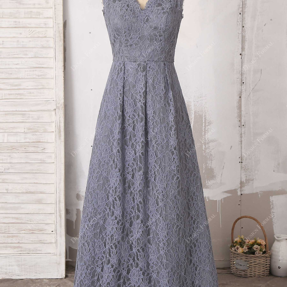 grey lace dress Grey Lace Scalloped V-neck Sleeveless Floor Length Bridesmaid Dress