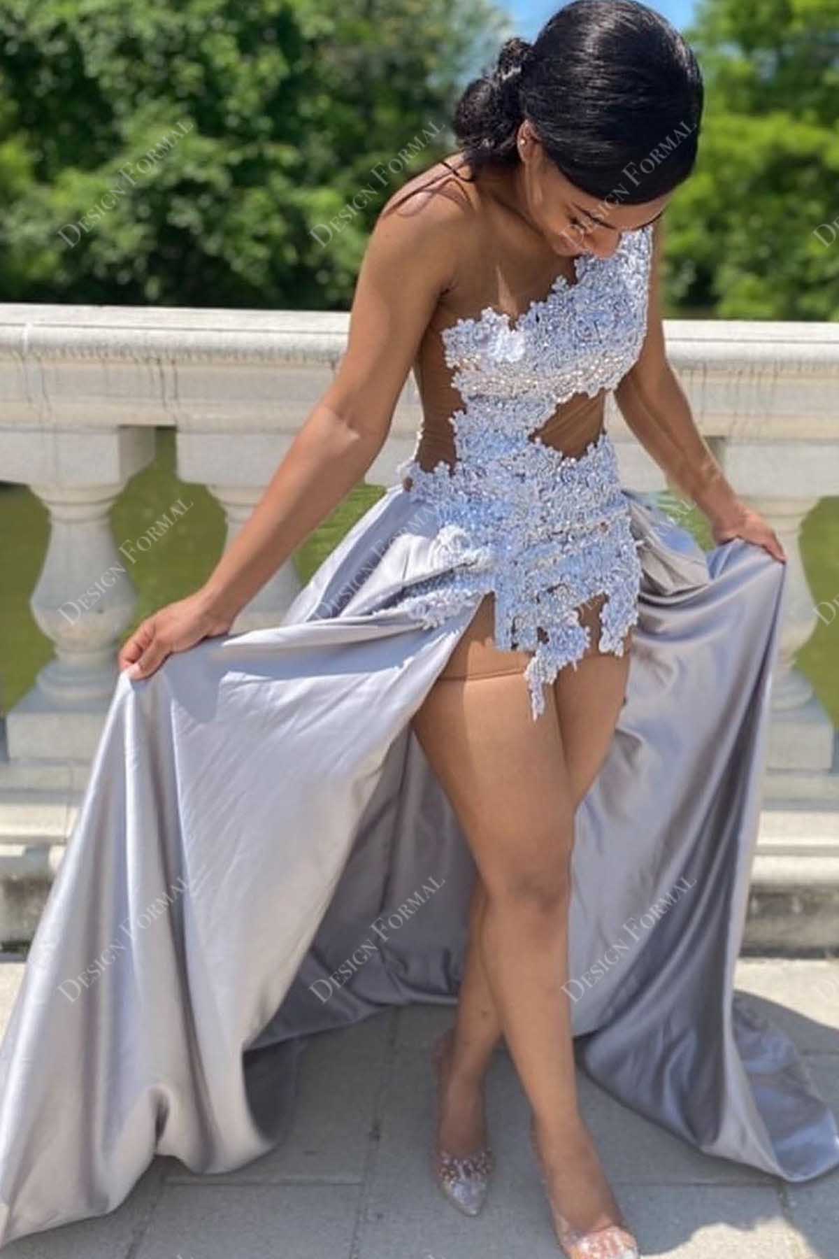 grey lace bodycon taffeta slit prom gown