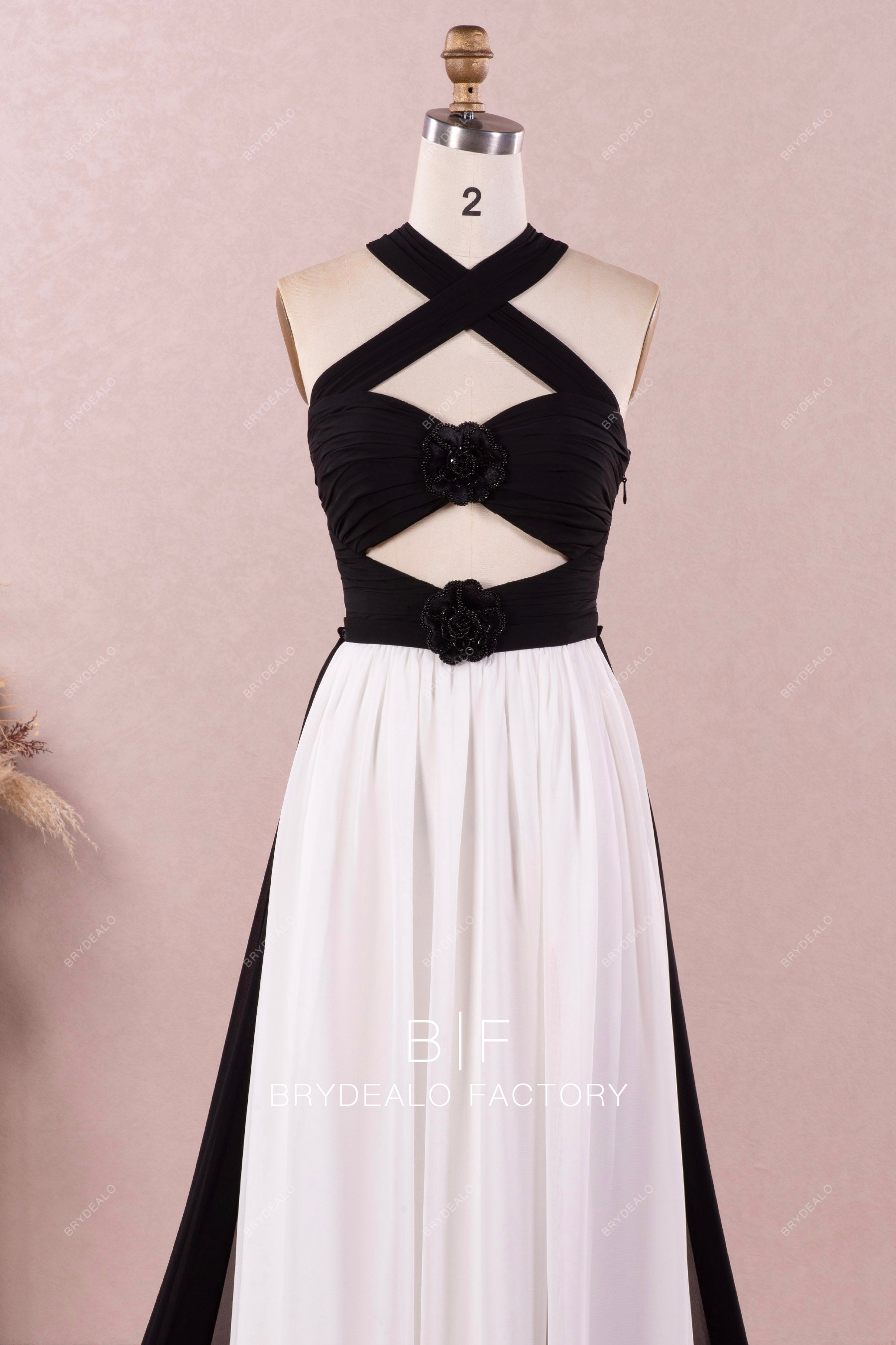 Unique Black White Chiffon Cutout Halter Convertible Bridal Prom Dress