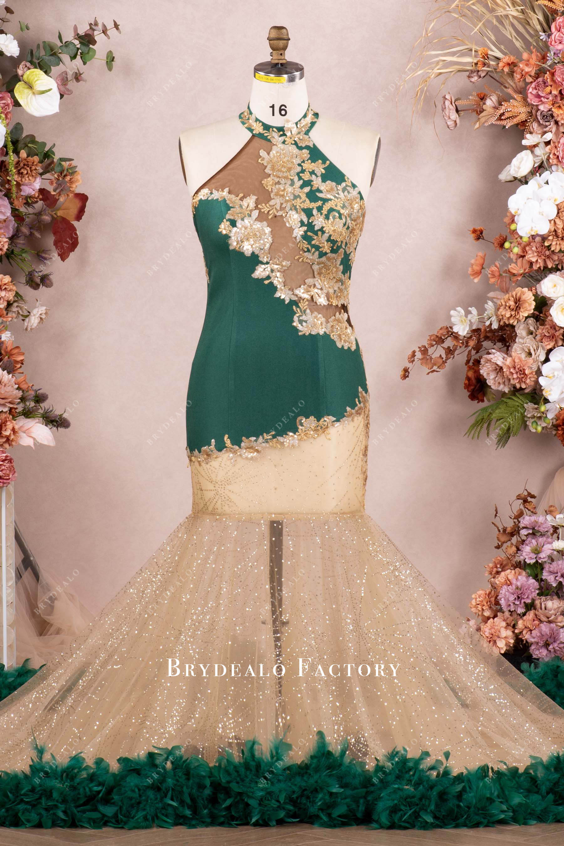 halter neck plus size gold lace green feather prom dress