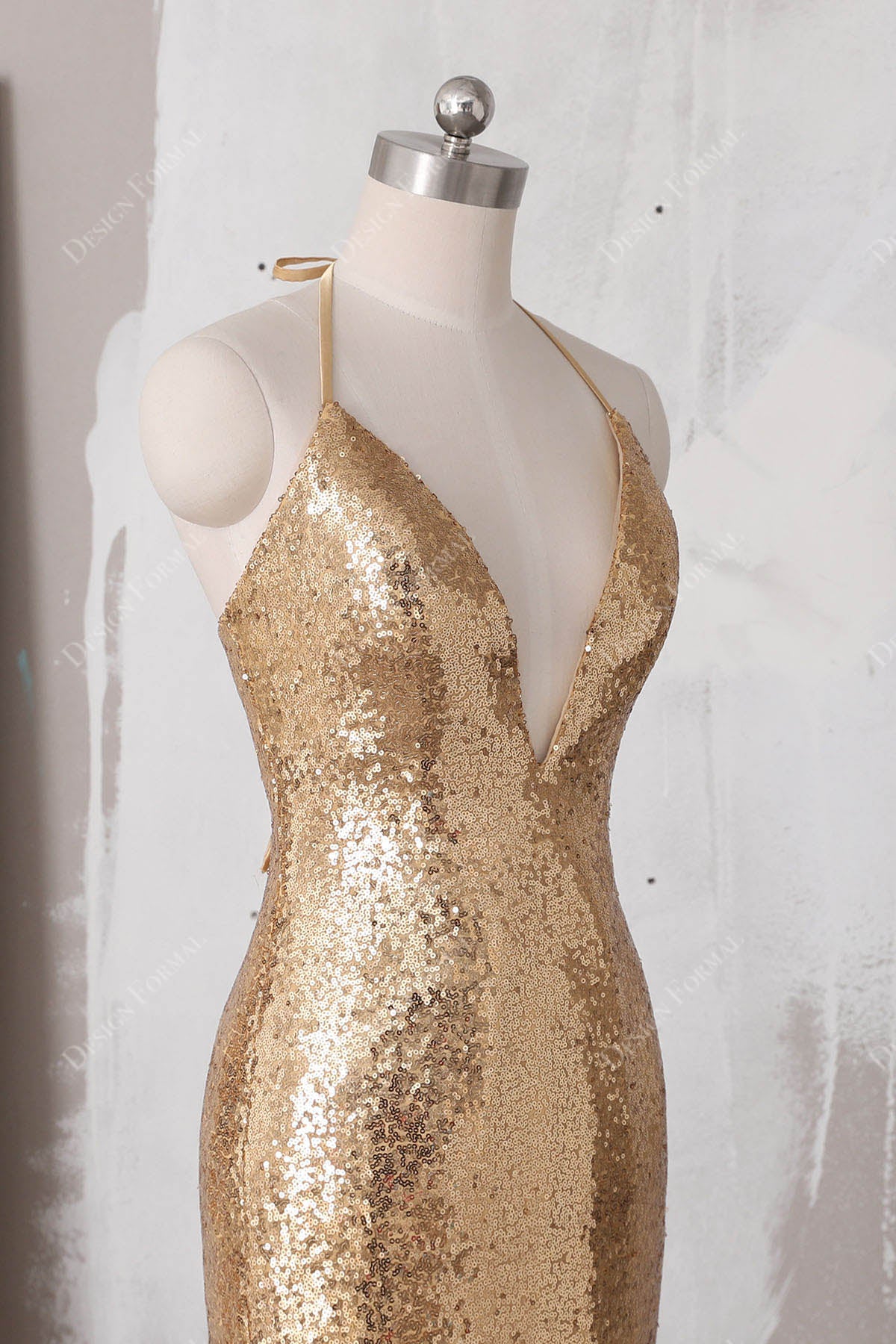 halter gold sequin bridesmaid gown