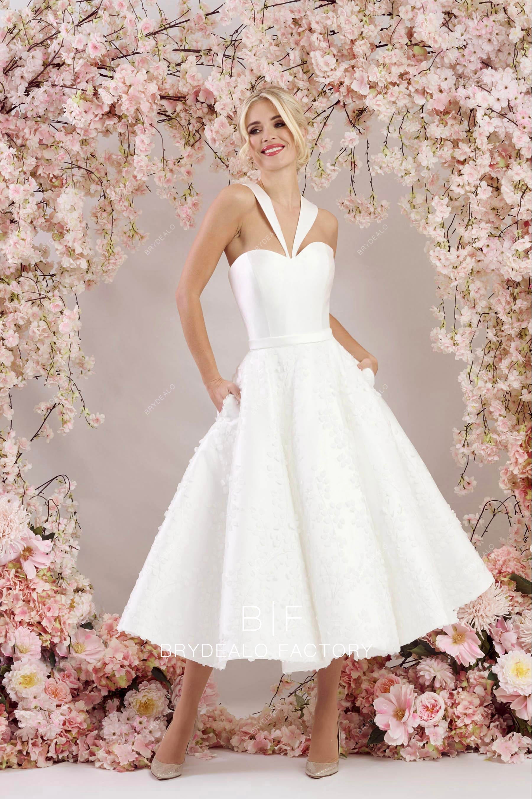 Halter Neck Mikado Lace Tea Length Bridal Dress with Pocket