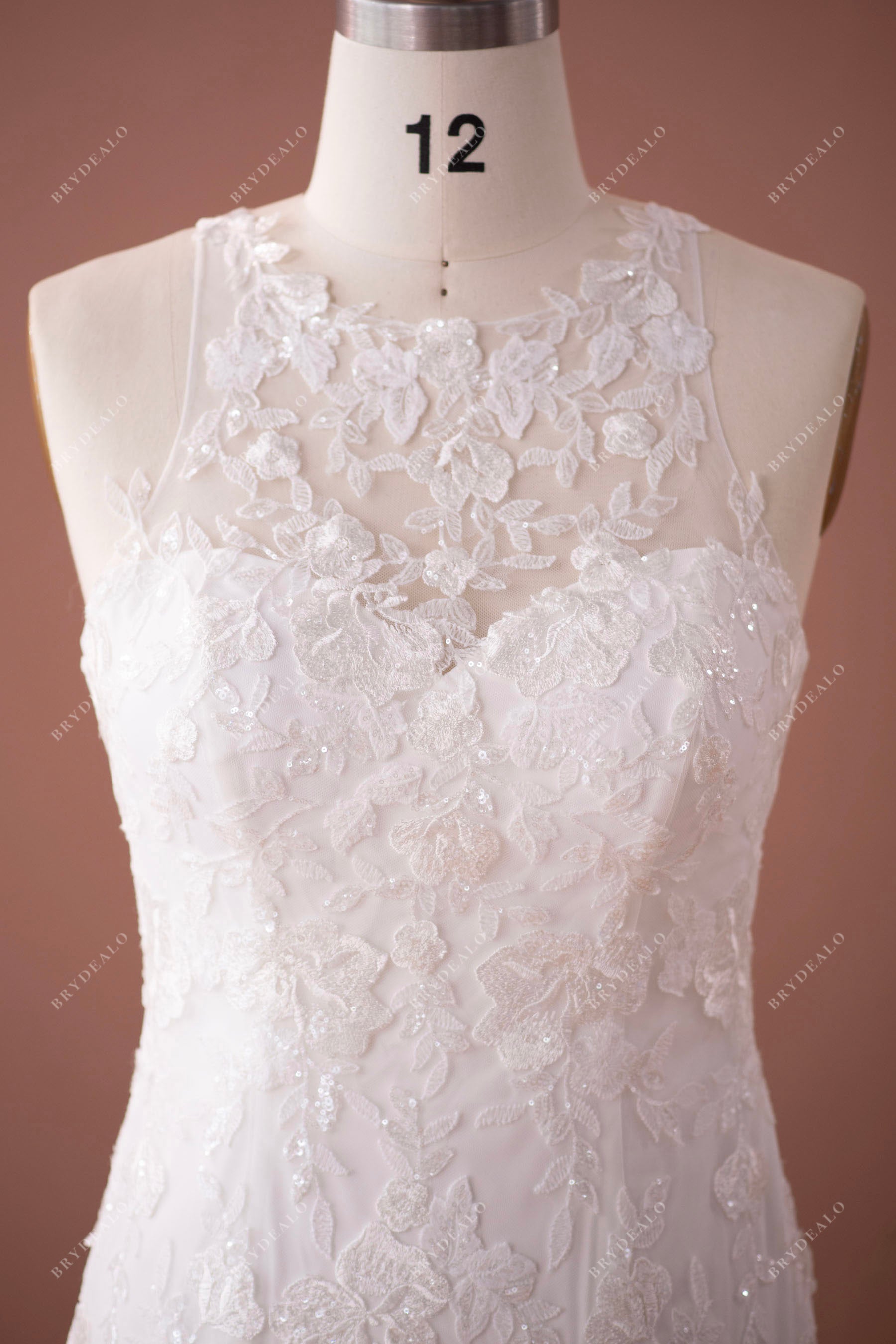 illusion halter neck lace sleeveless fall wedding dress