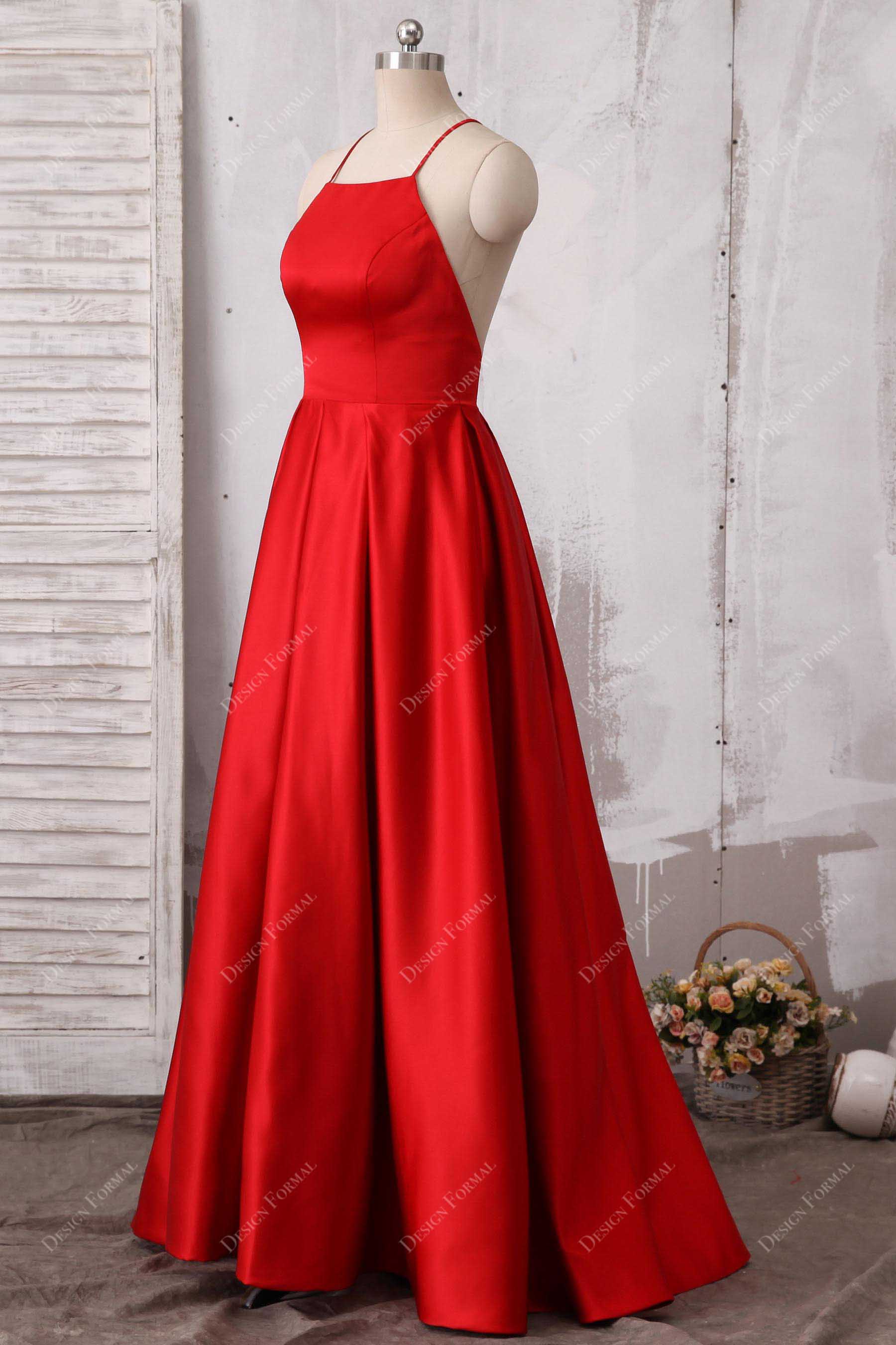 Halter Neck Red Satin Prom Dress