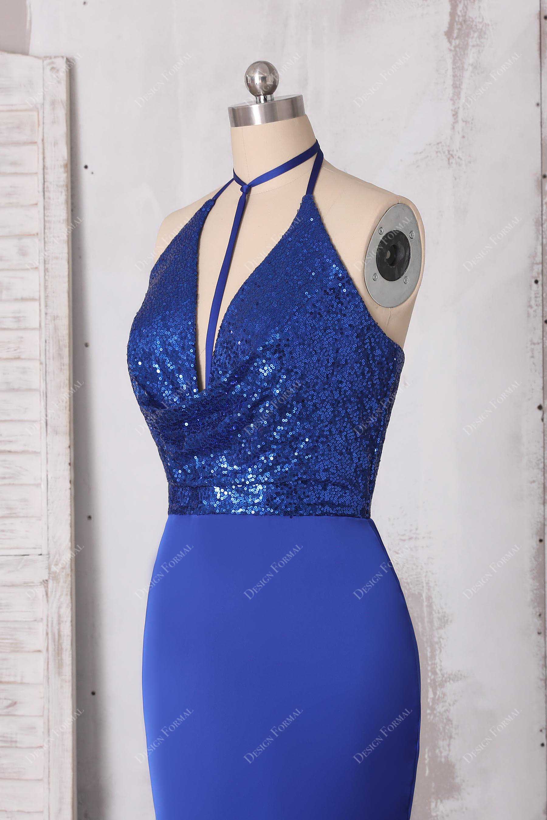 halter neck royal blue sequin prom dress