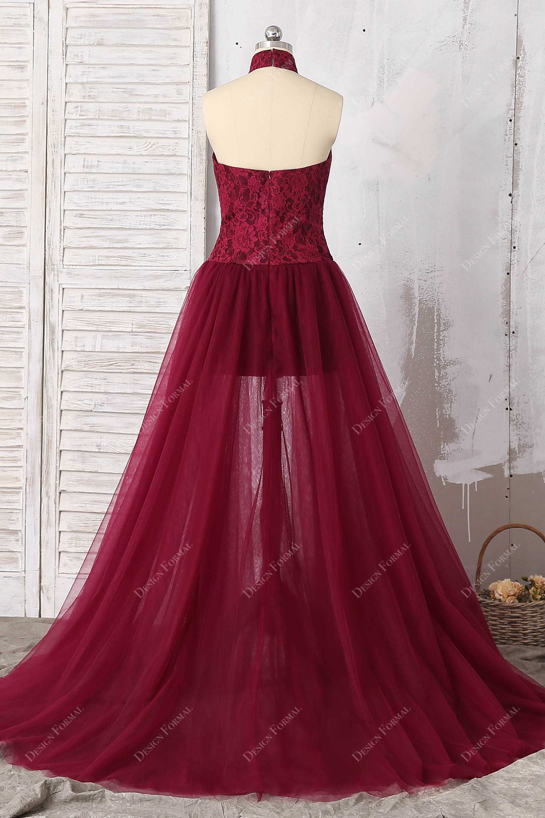 halter open back A-line tulle prom gown