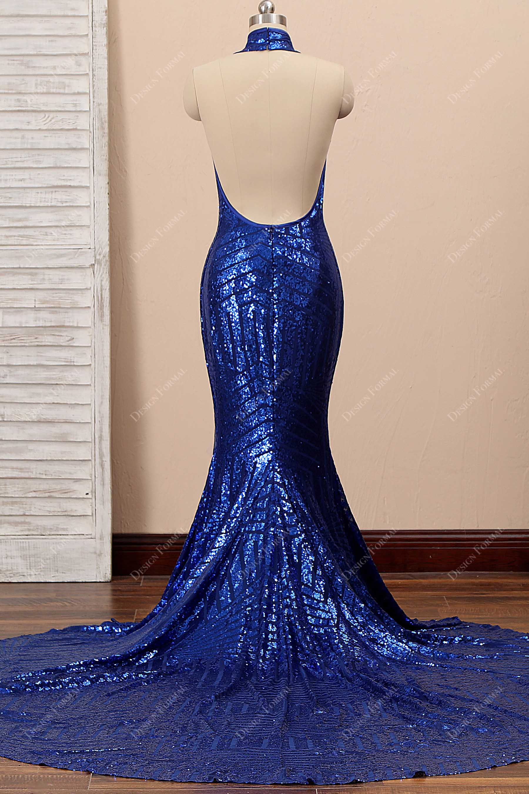 halter open back mermaid prom dress