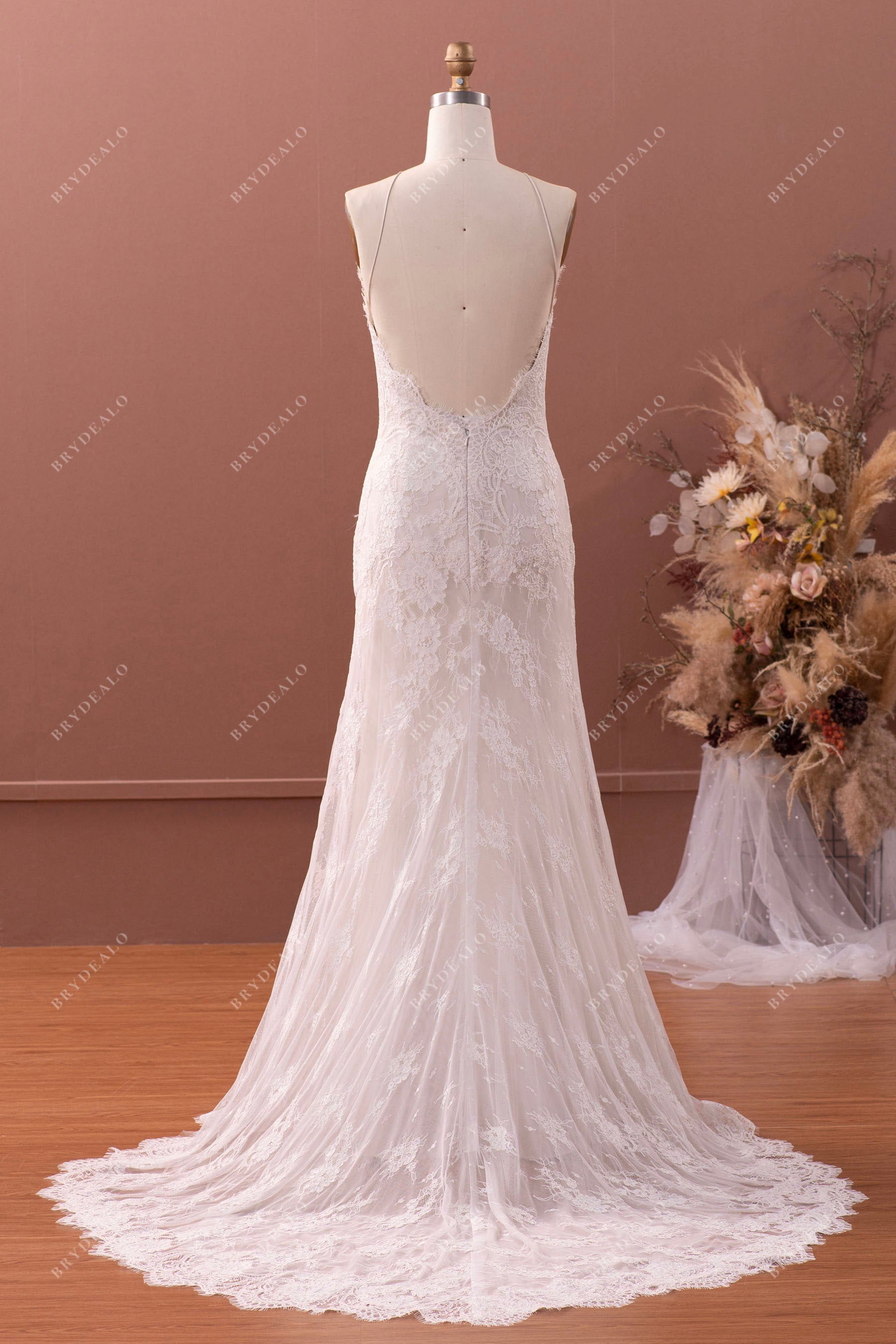 halter open back scalloped small train spring fall wedding dress