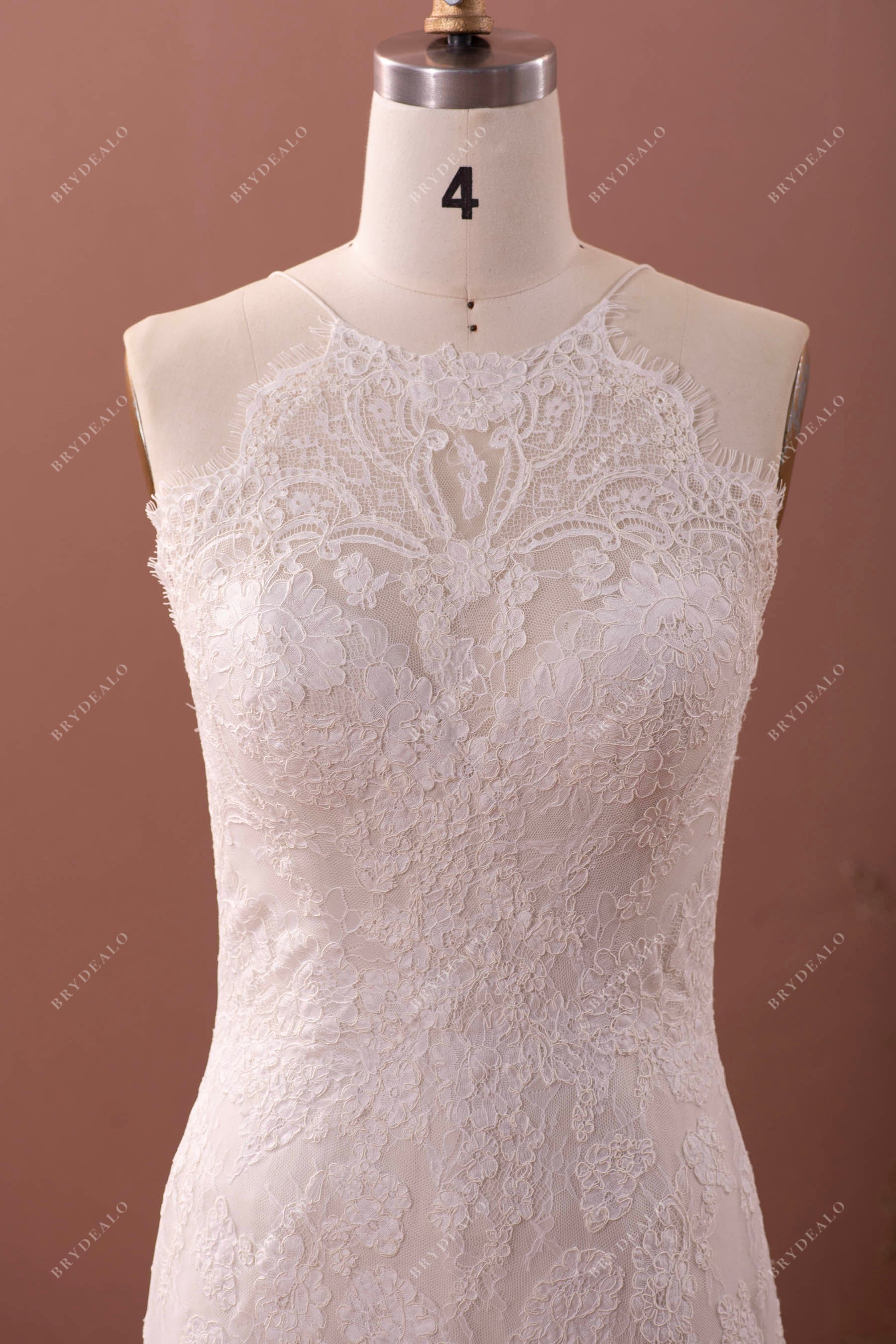 designer scalloped lace halter neck wedding dress