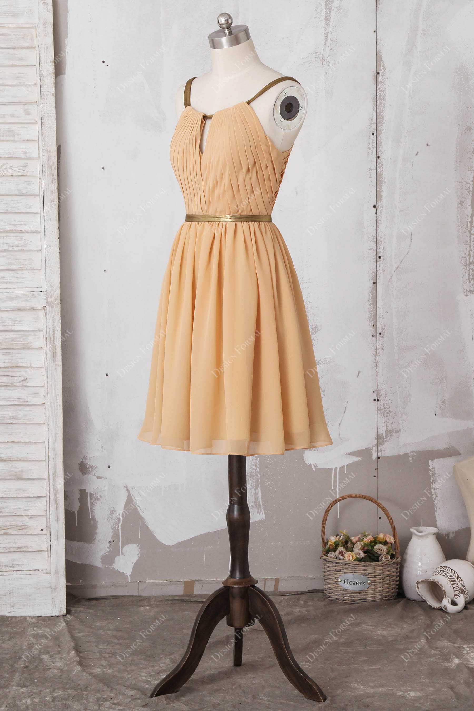 halter strap pleated chiffon apricot bridesmaid dress