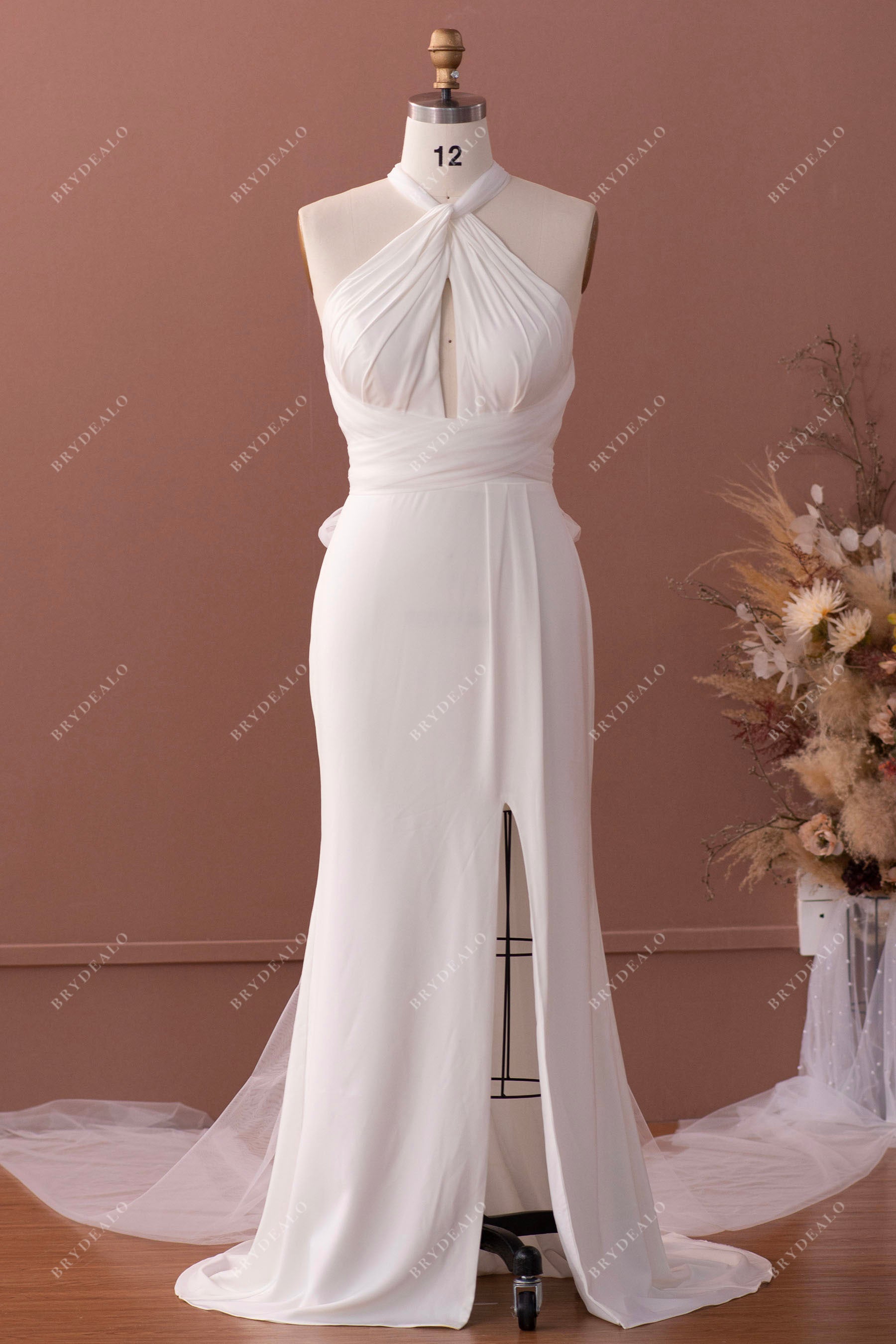 halter stretchy satin slit mermaid informal wedding dress