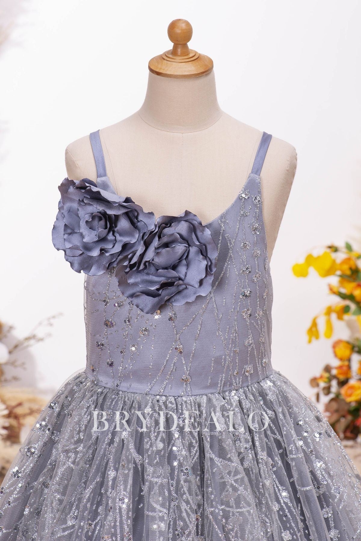 Trendy Handmade 3D Flowers Thin Straps Little Girl Dress