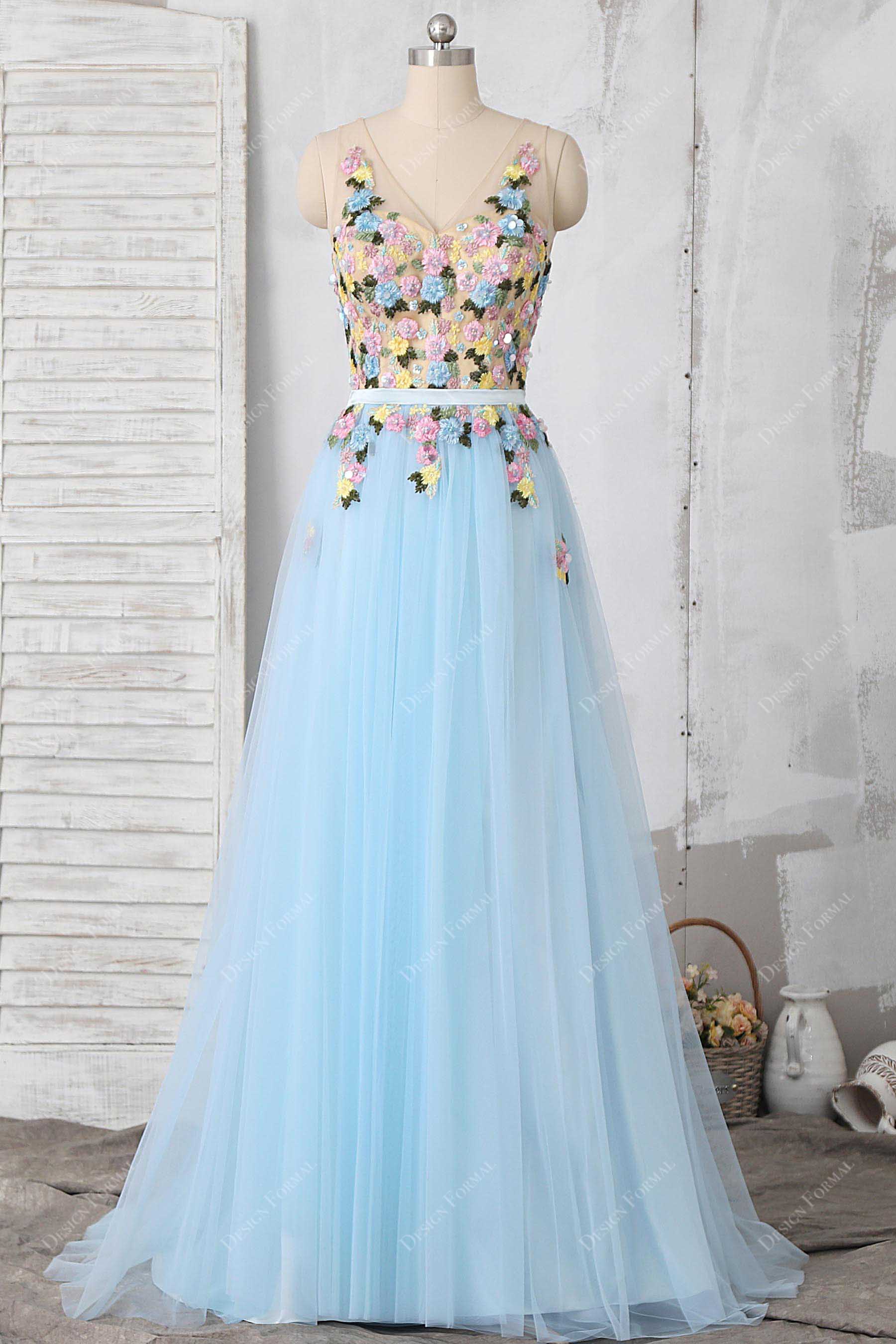 hand-made flower sky blue tulle wedding prom dress