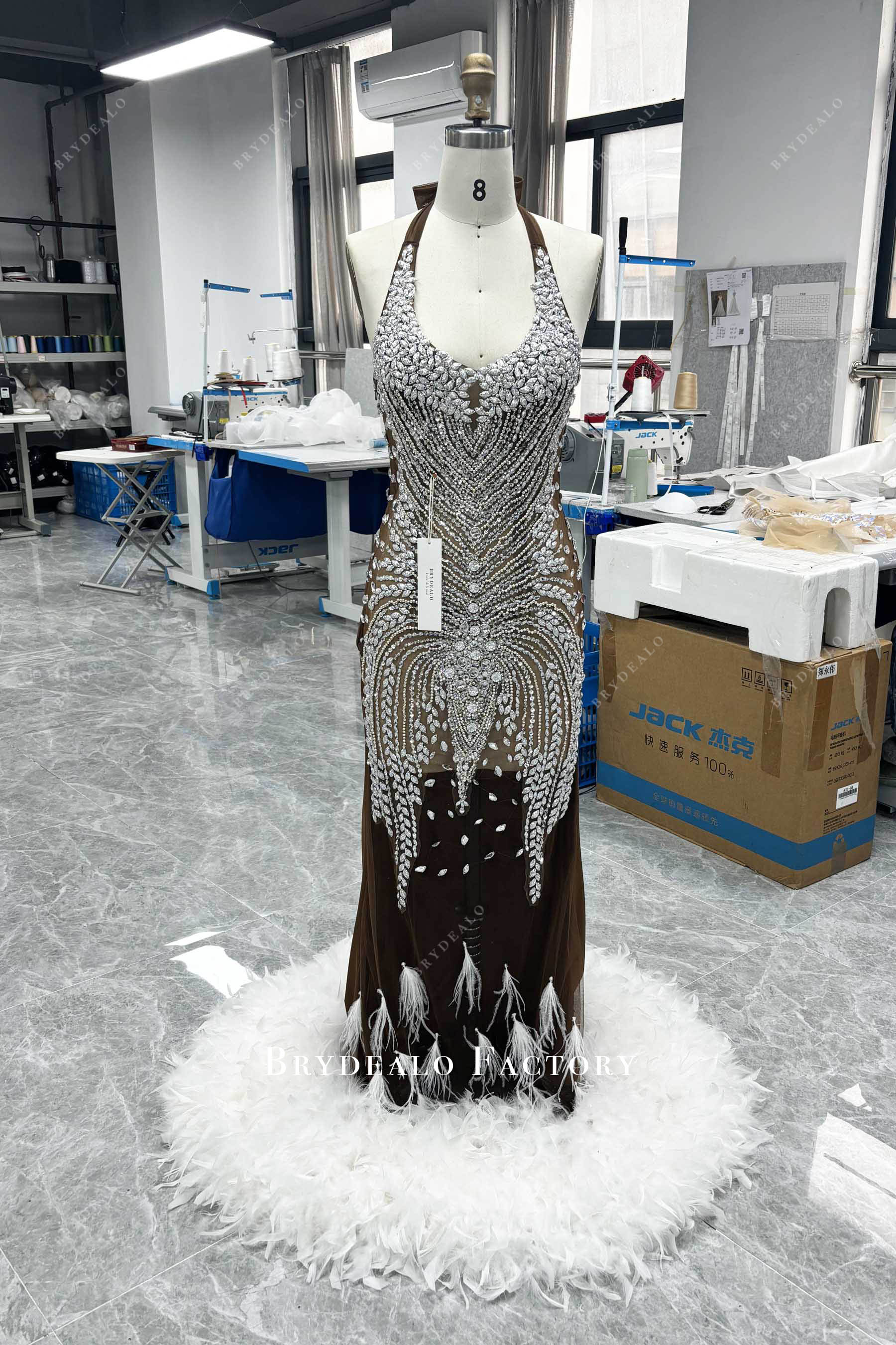 hand-sewn rhinestones feathers long prom dress