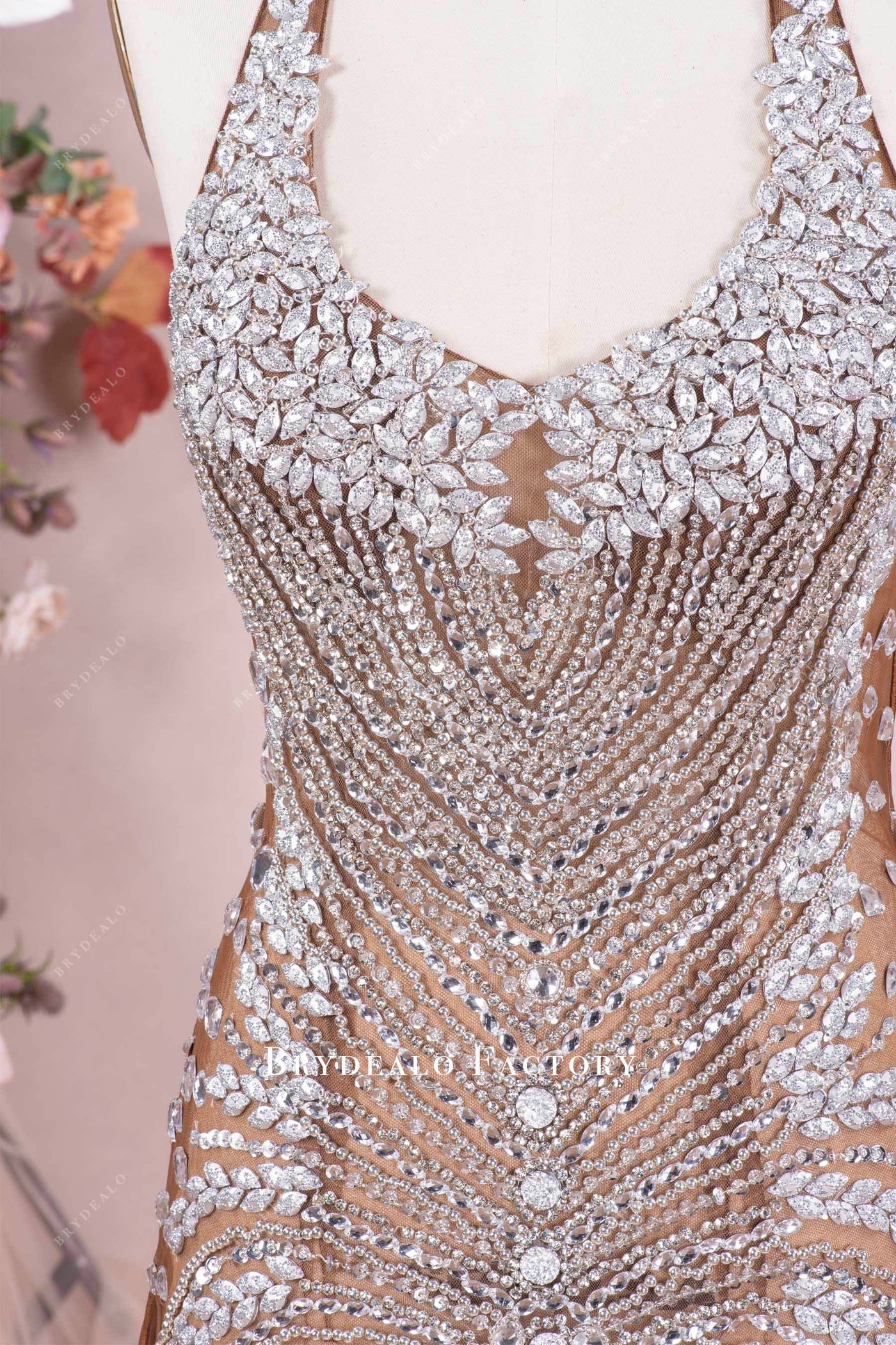Luxury Rhinestone Brown Nude Illusion Fit and Flare Feather Prom Dress