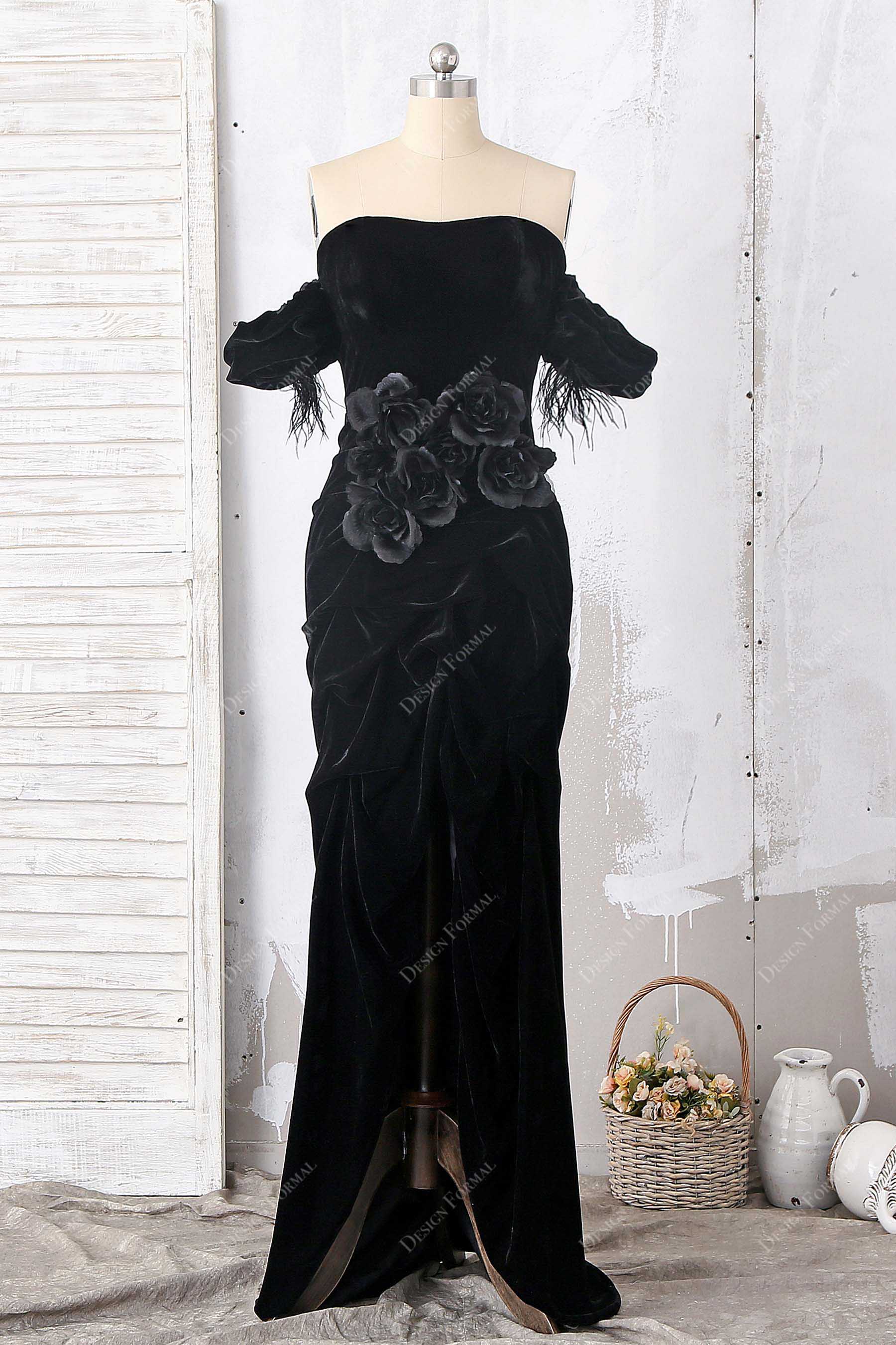 handmade 3D flowers black velvet off-shoulder prom dress