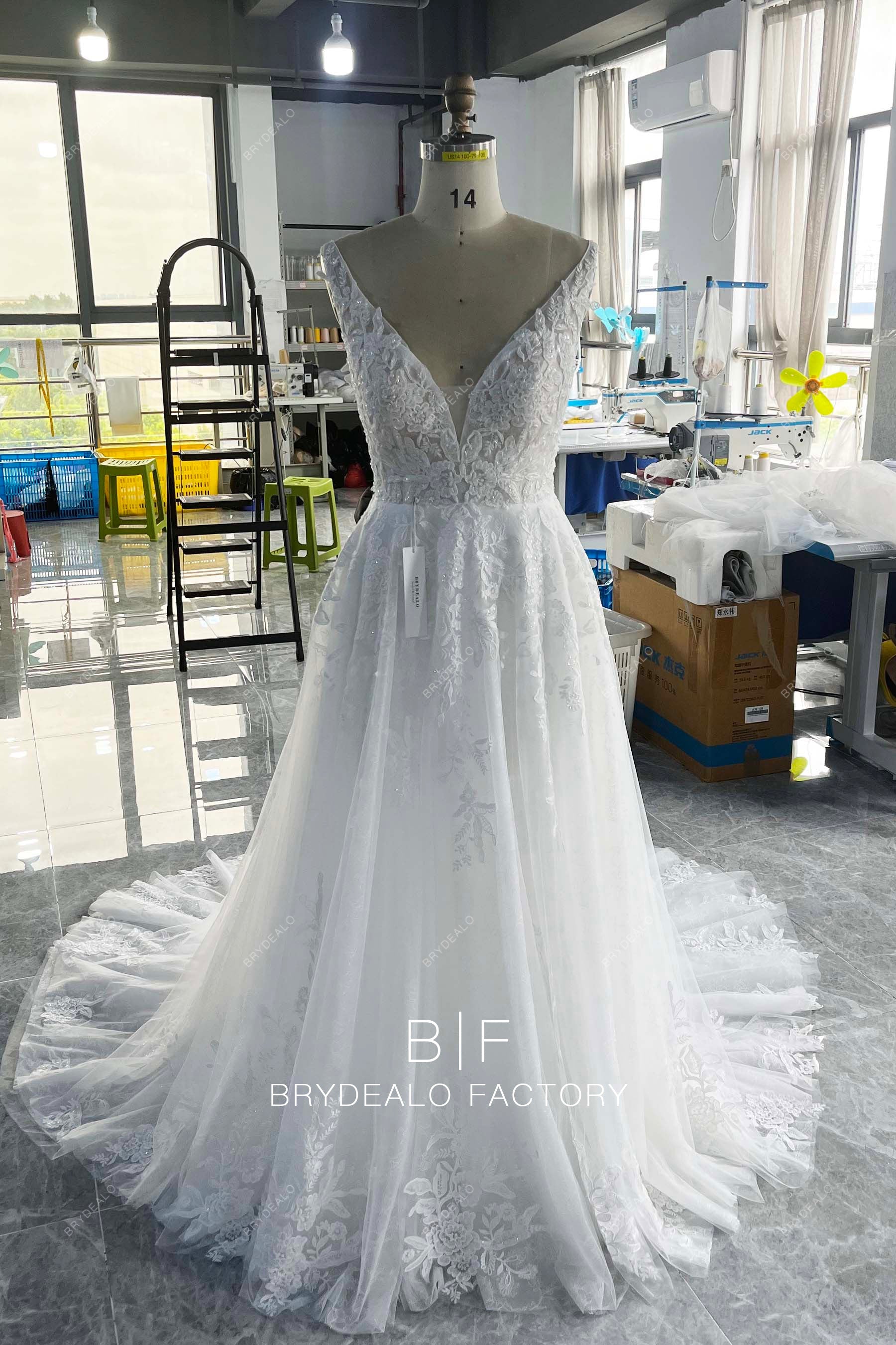 handmade plunging neck lace wedding dress