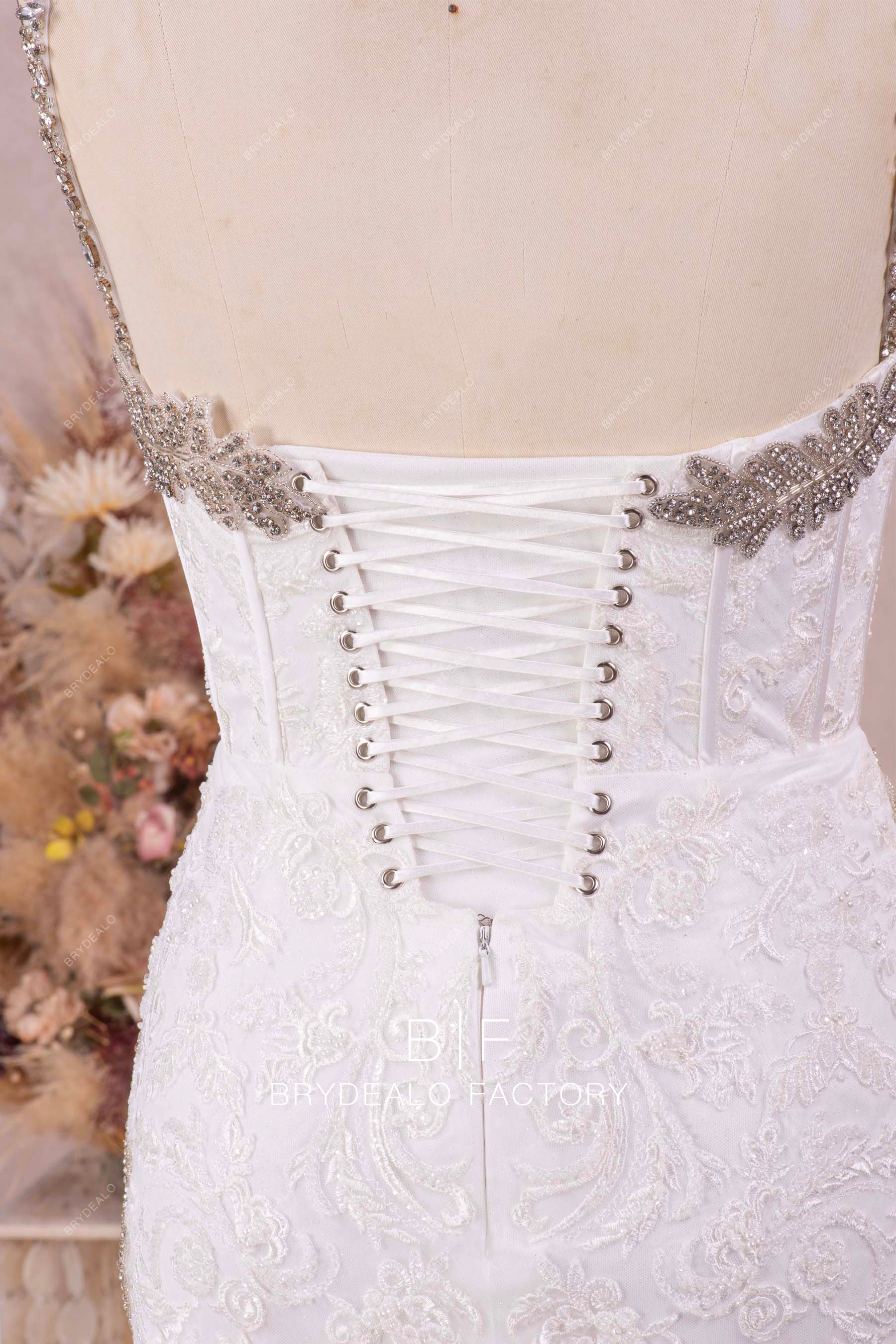 hand-sewn rhinestone lace up back lace designer bridal gown