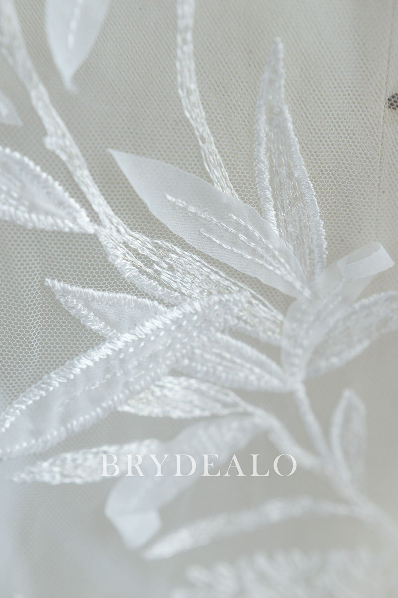 Sequined Leaf & Floral Motif Lace Print Fabric with Scalloped Edge