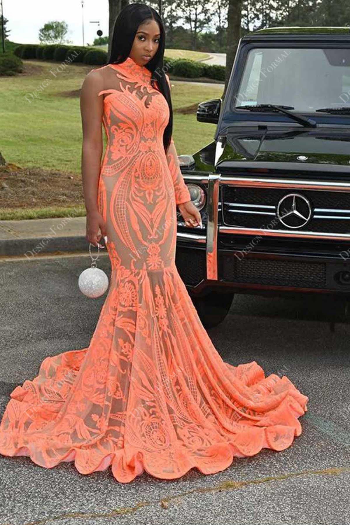 high neck asymmetrical sequin mermaid prom gown