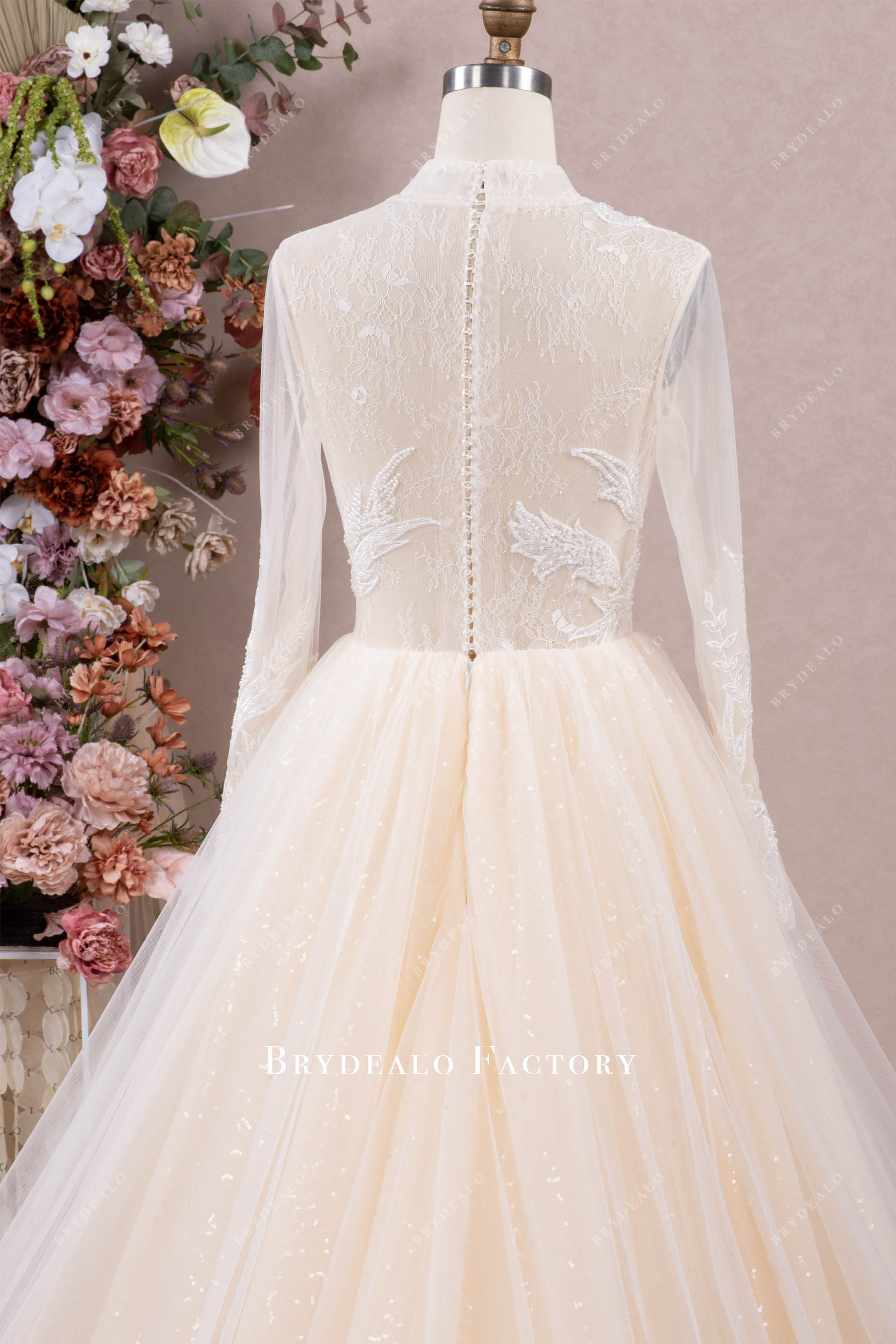 high neck illusion lace back couture wedding dress