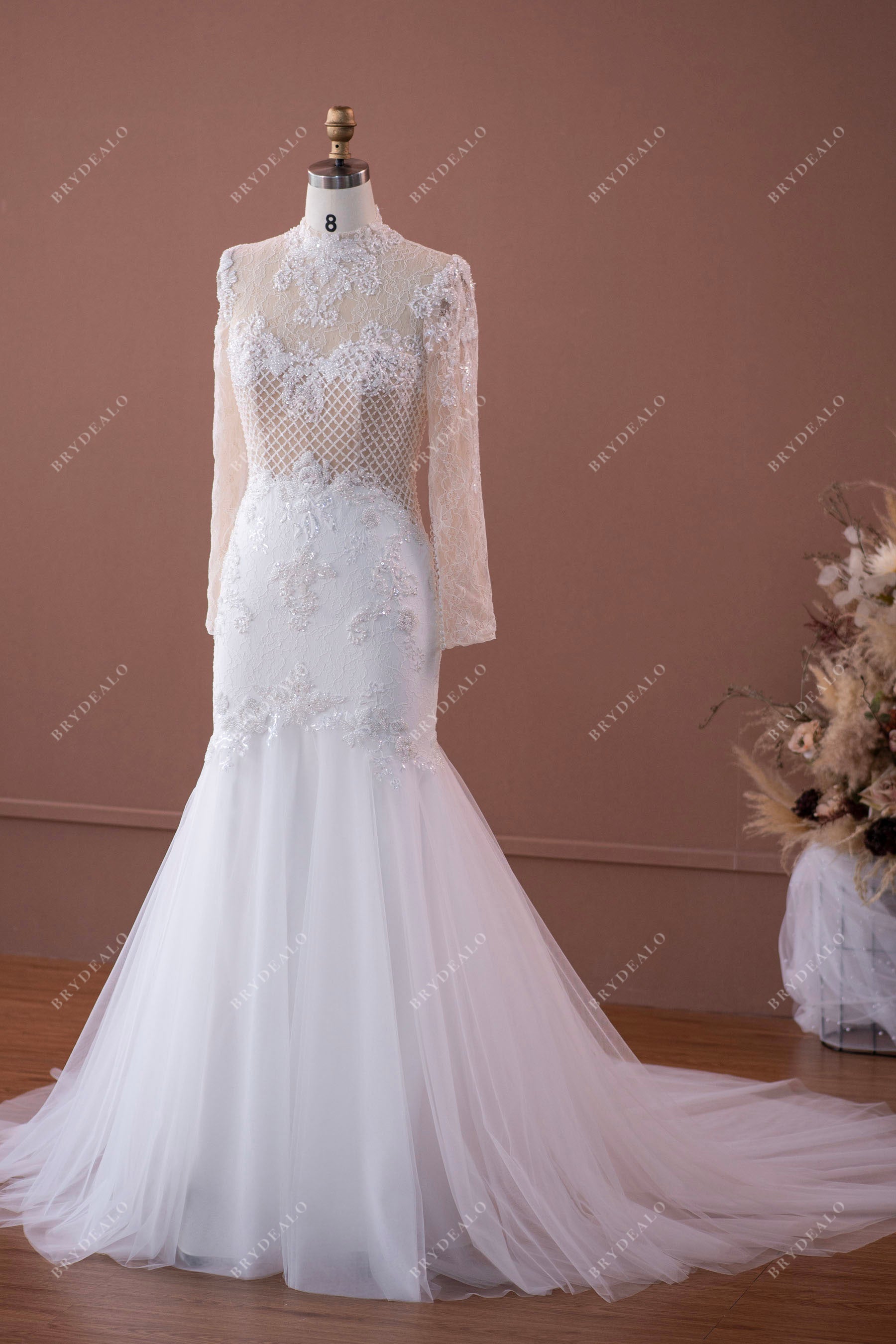 stylish high neck illusion royal wedding dress