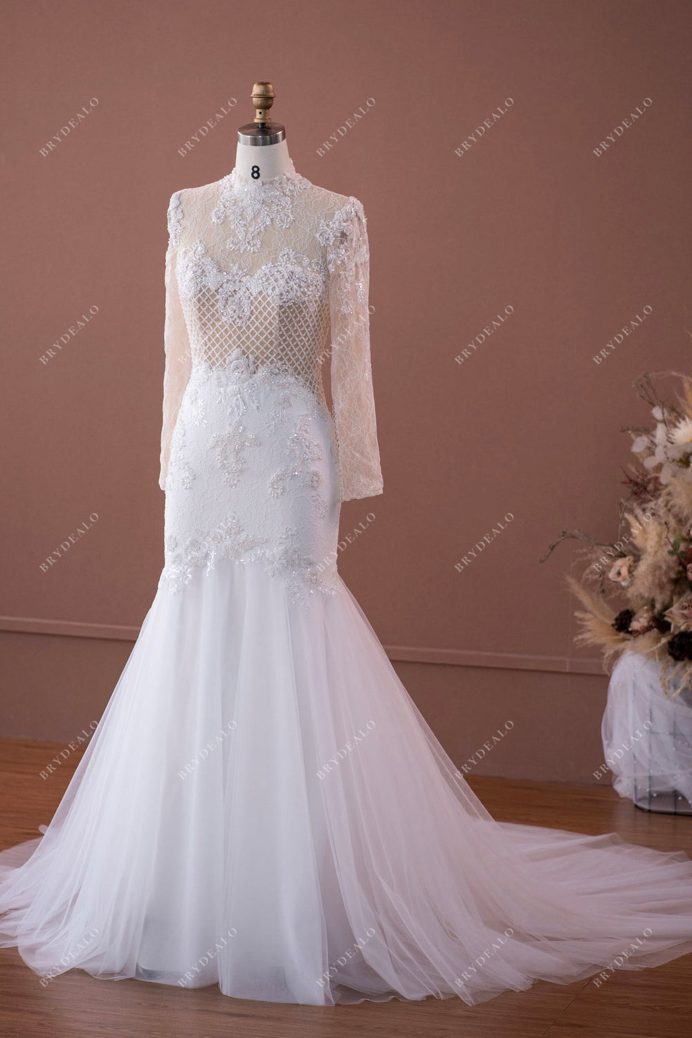 Luxury Illusion High Neck Designer Beaded Lace Wedding Dress