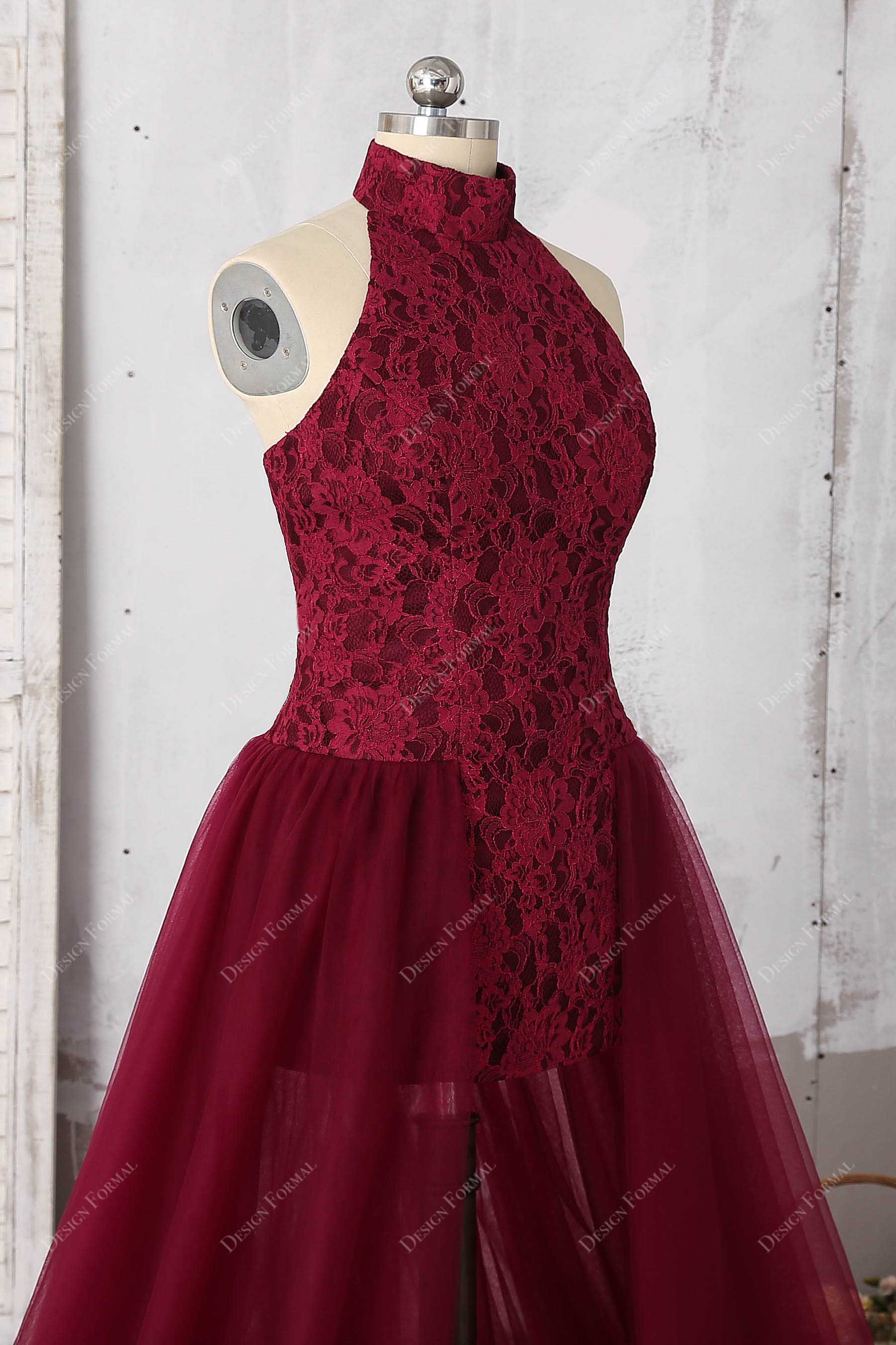 high neck lace burgundy prom dress