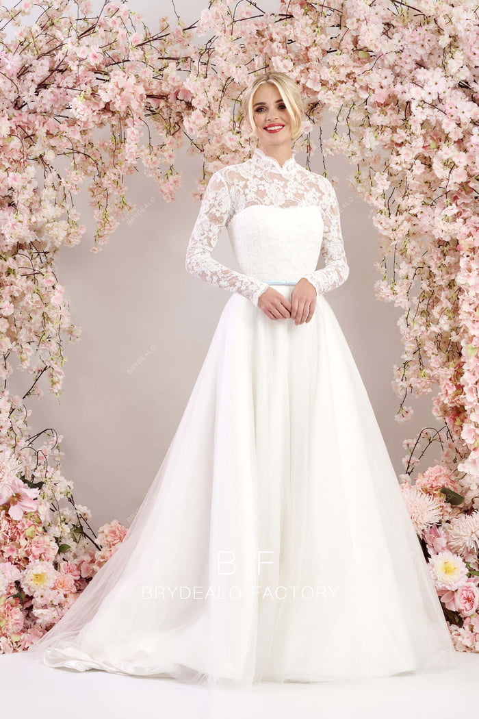 See Through Tulle Knee Length Sheer Round Long Sleeves Wedding Dress