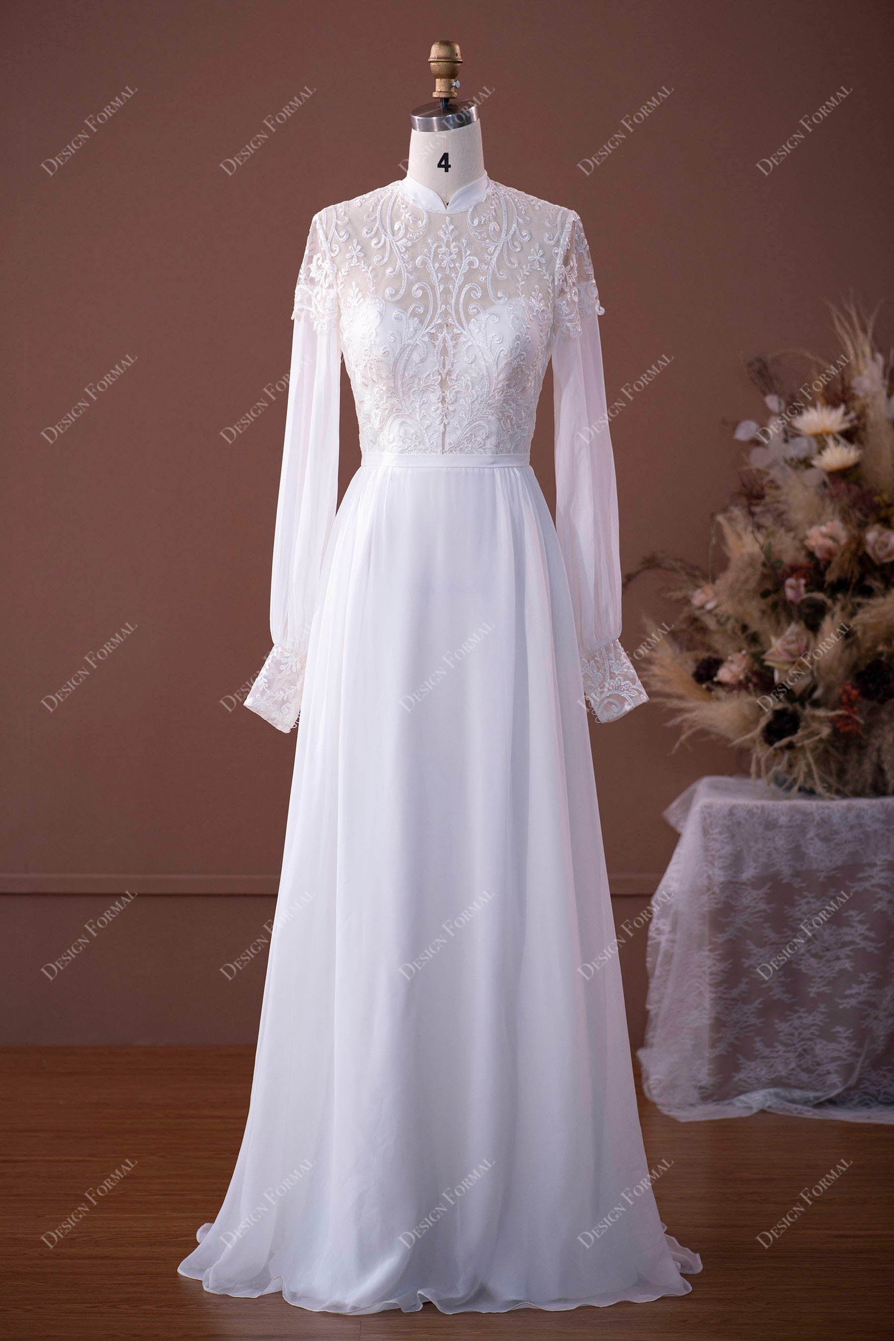High Neck Sheer Sleeves Lace Chiffon Floor Length Wedding Dress