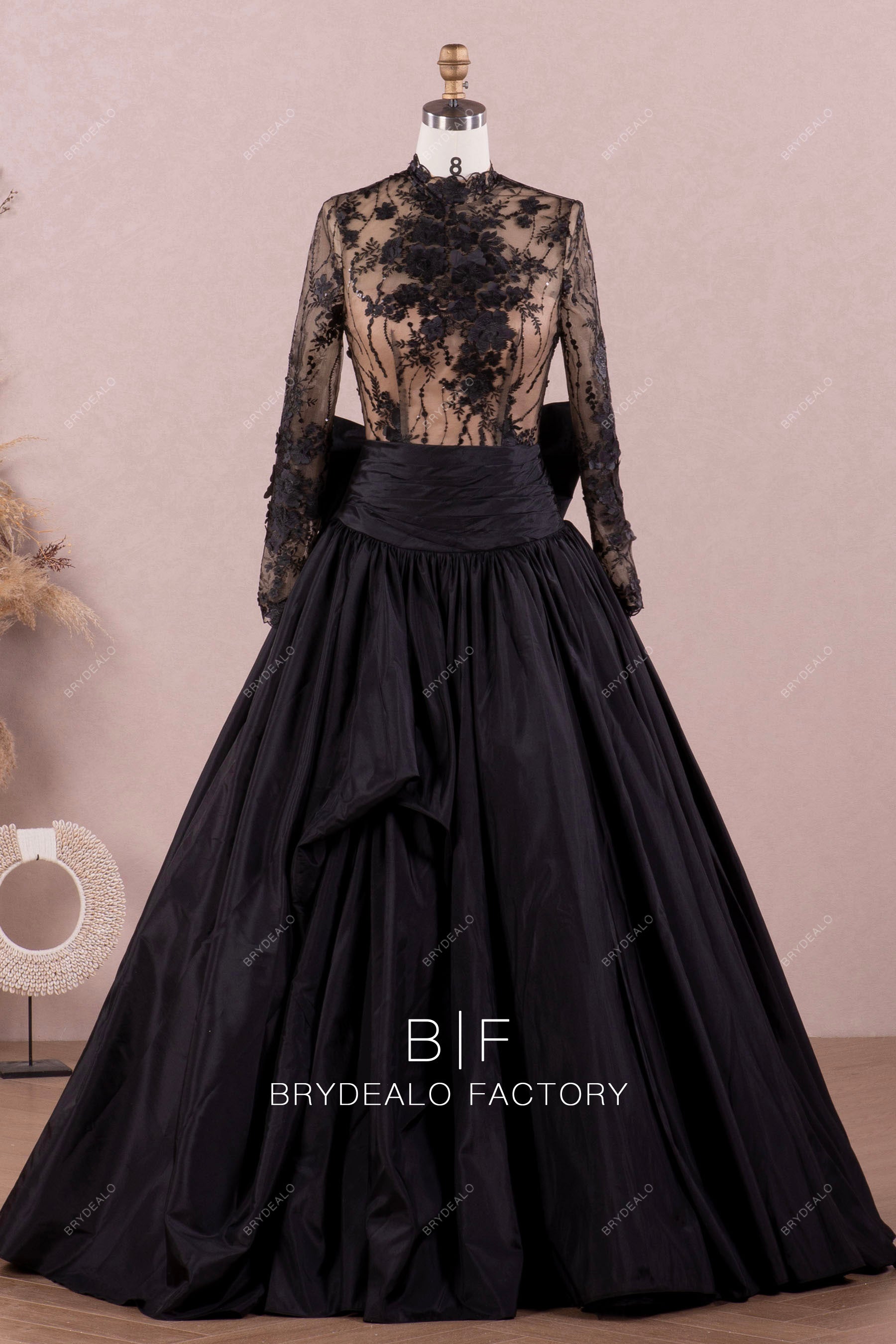 Gothic Black Lace Long Sleeve Taffeta Wedding Ball Gown