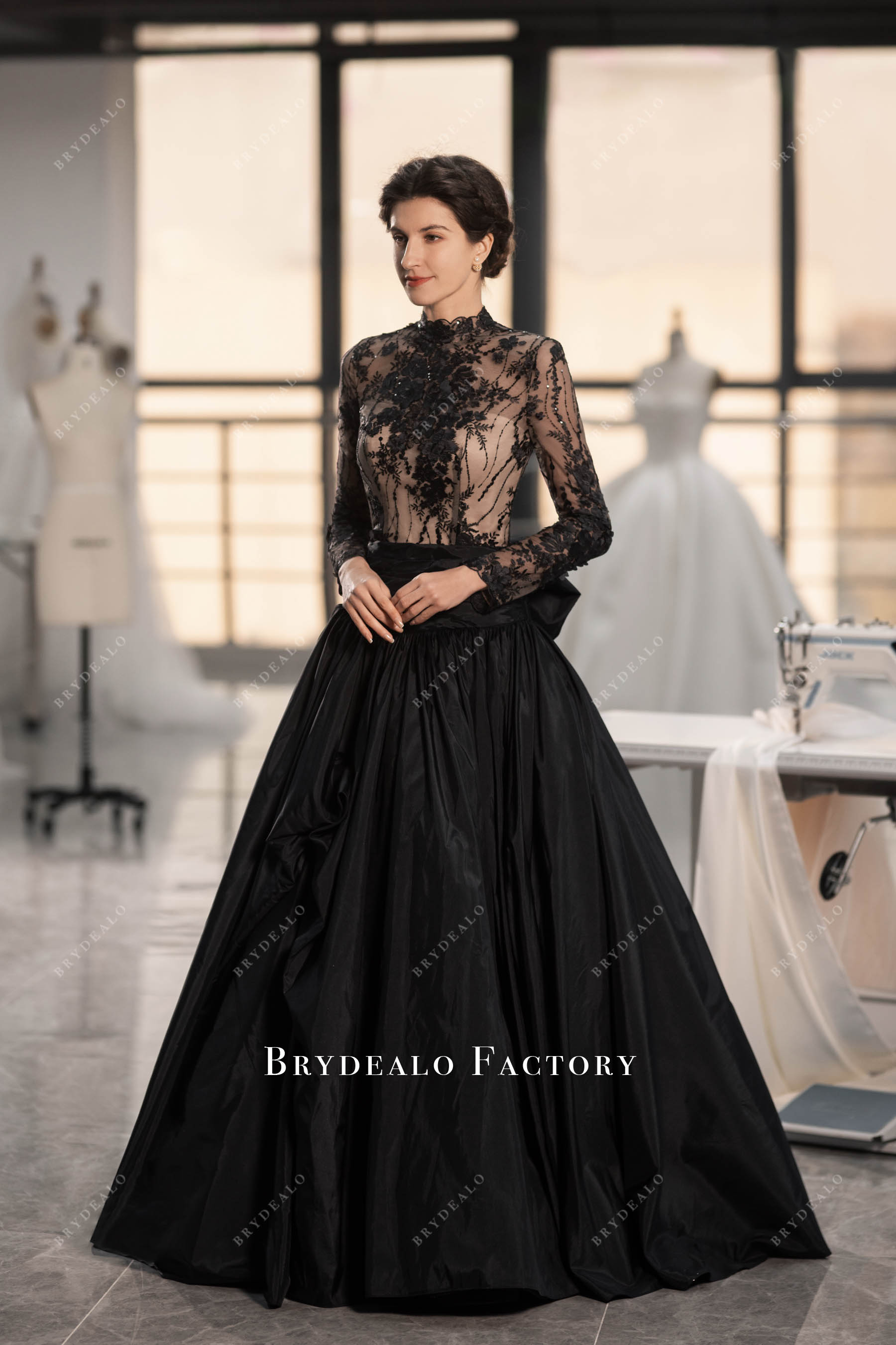 high neck long sleeve black taffeta wedding gown