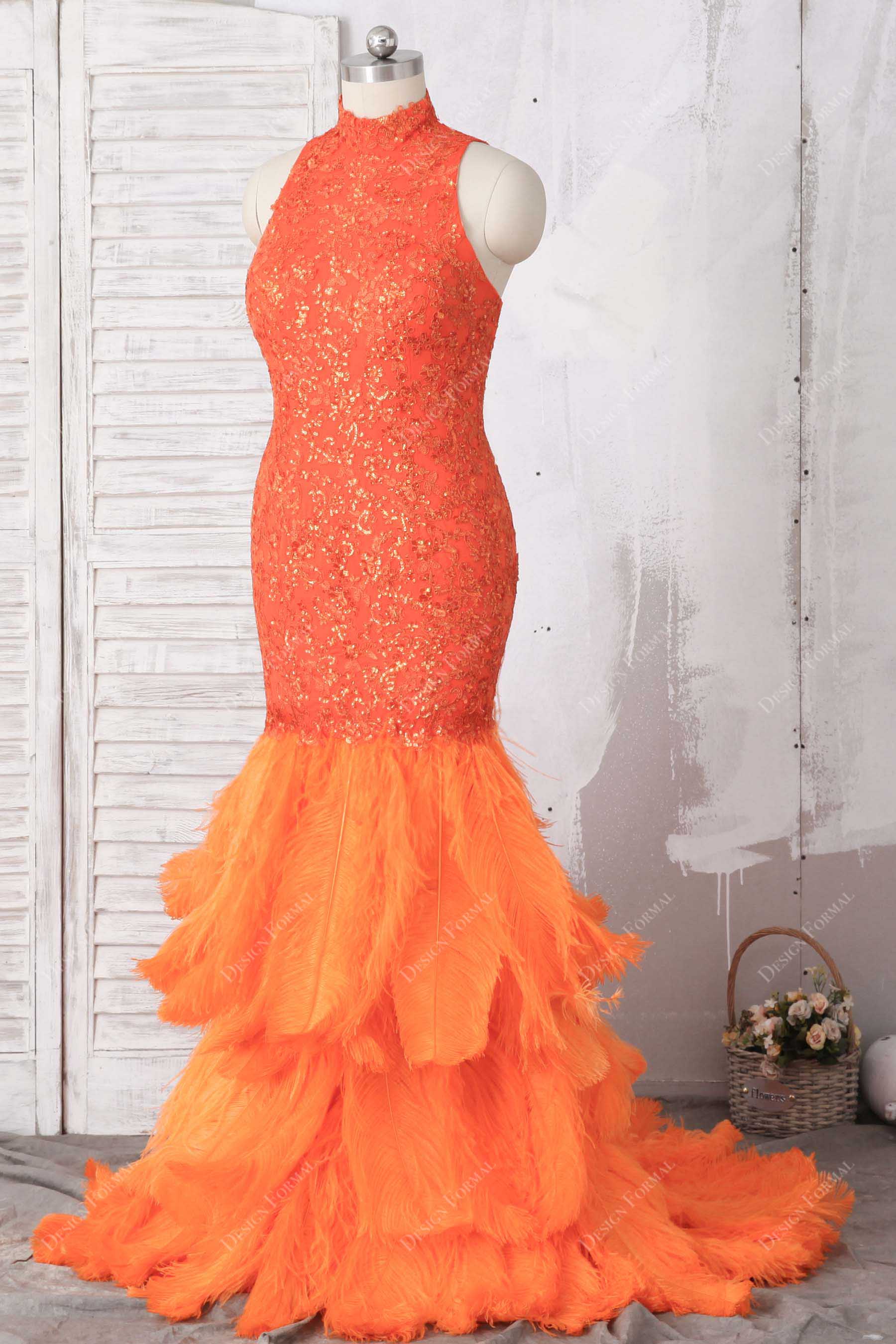 high neck sleeveless feathers trumpet gown