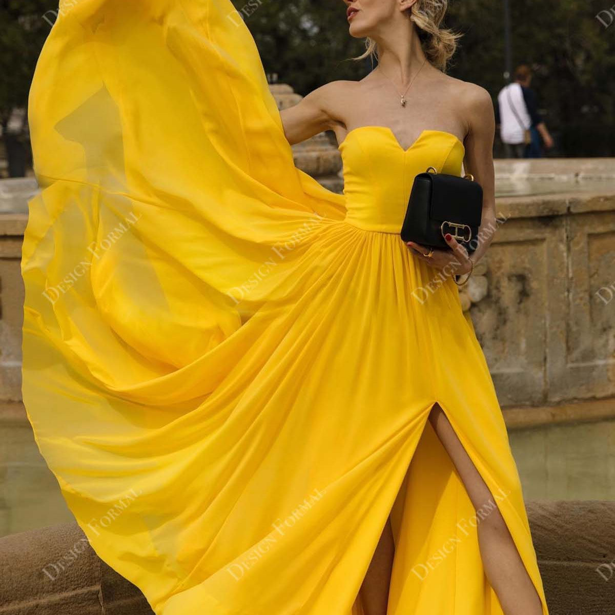 Yellow Chiffon Strapless V-cut Slit A-line Bridesmaid Evening Dress