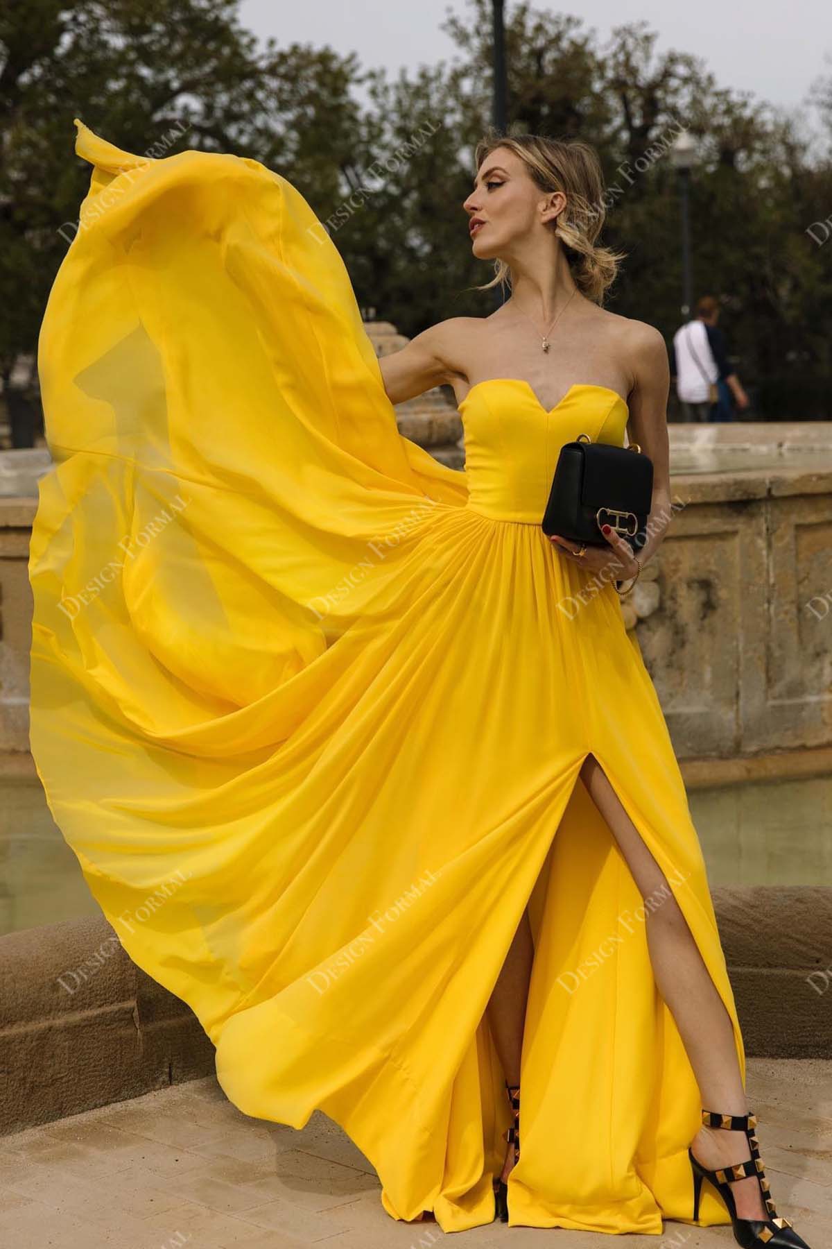 honey yellow satin chiffon strapless V-neck high slit A-line prom dress