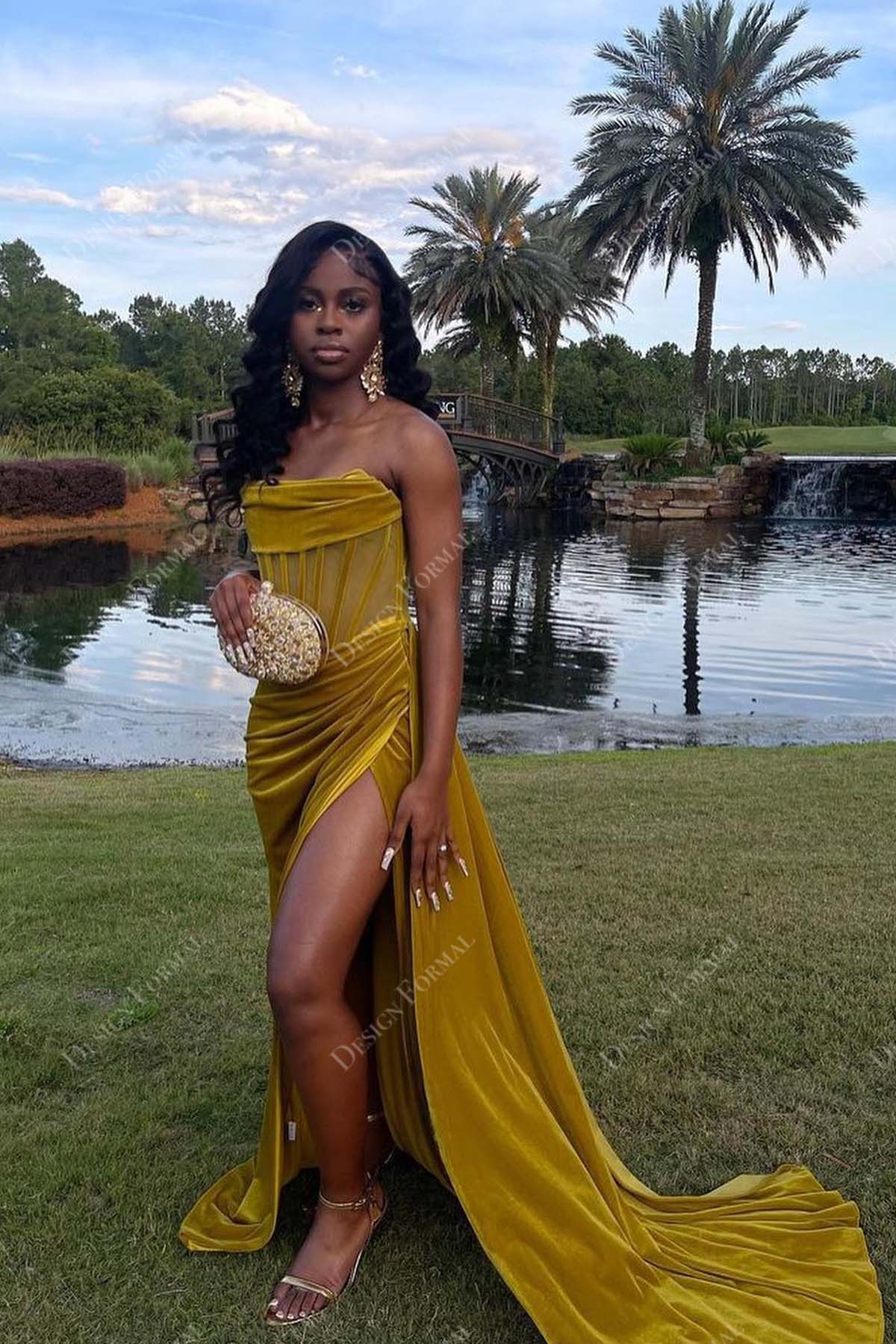 Pleated Slit Honey Yellow Velvet Strapless Custom Prom Dress