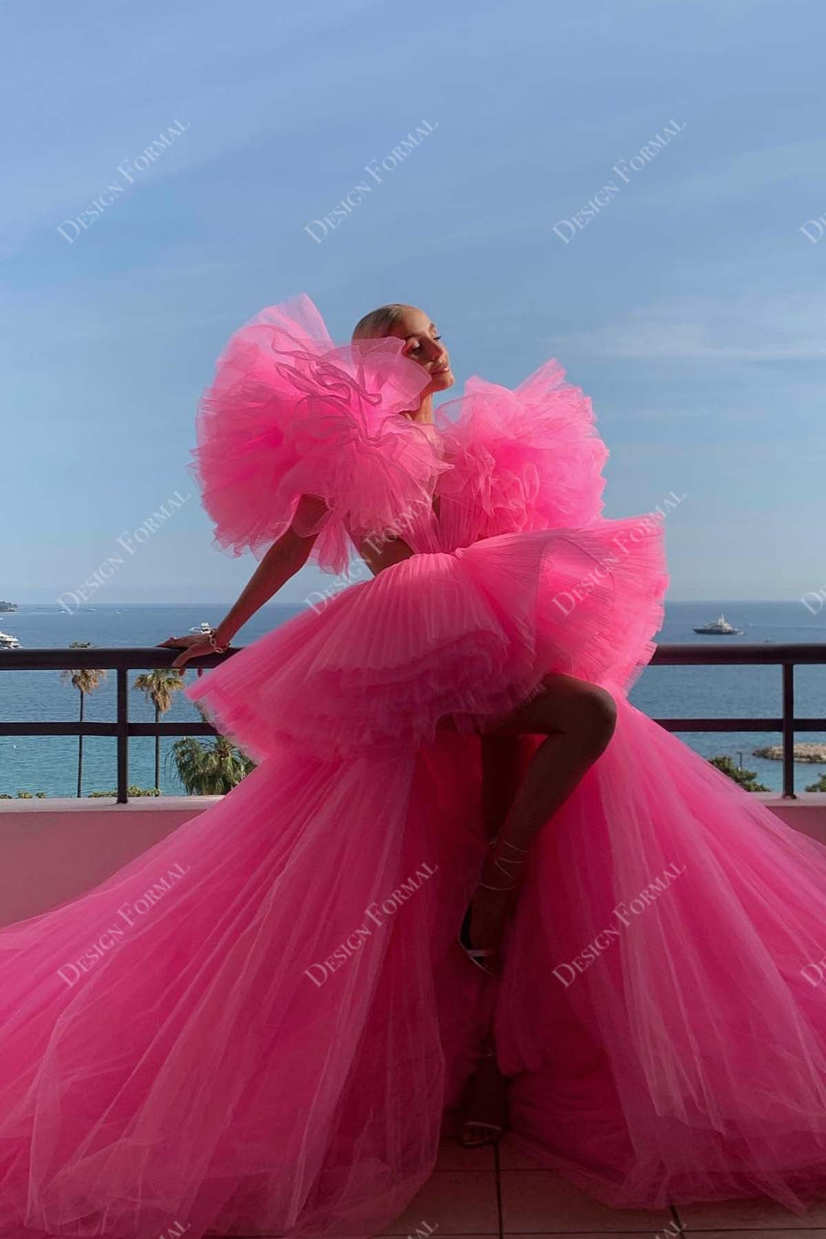 hot pink tulle ruffled high-low pageant designer dress 