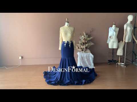 custom gold lace royal blue velvet mermaid prom dress