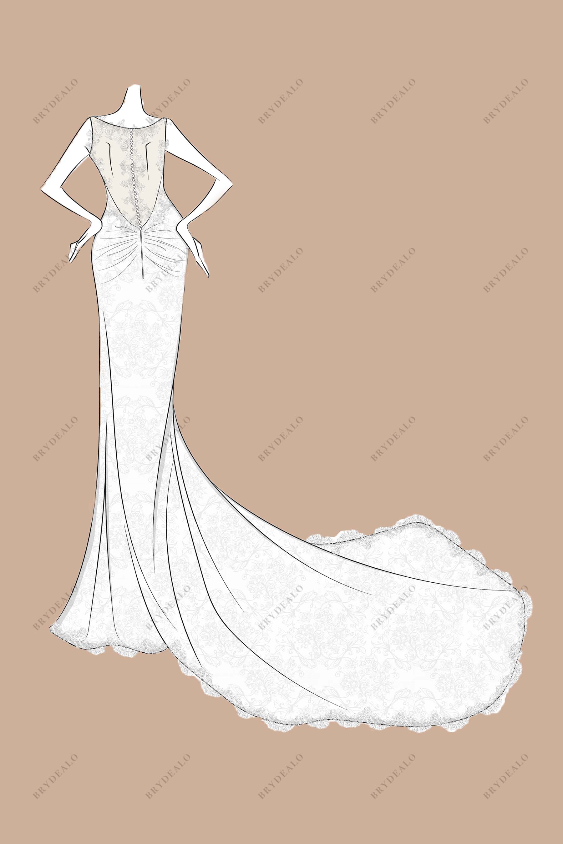 hand-drawn illusion low back pleated hips chapel train bridal dress design
