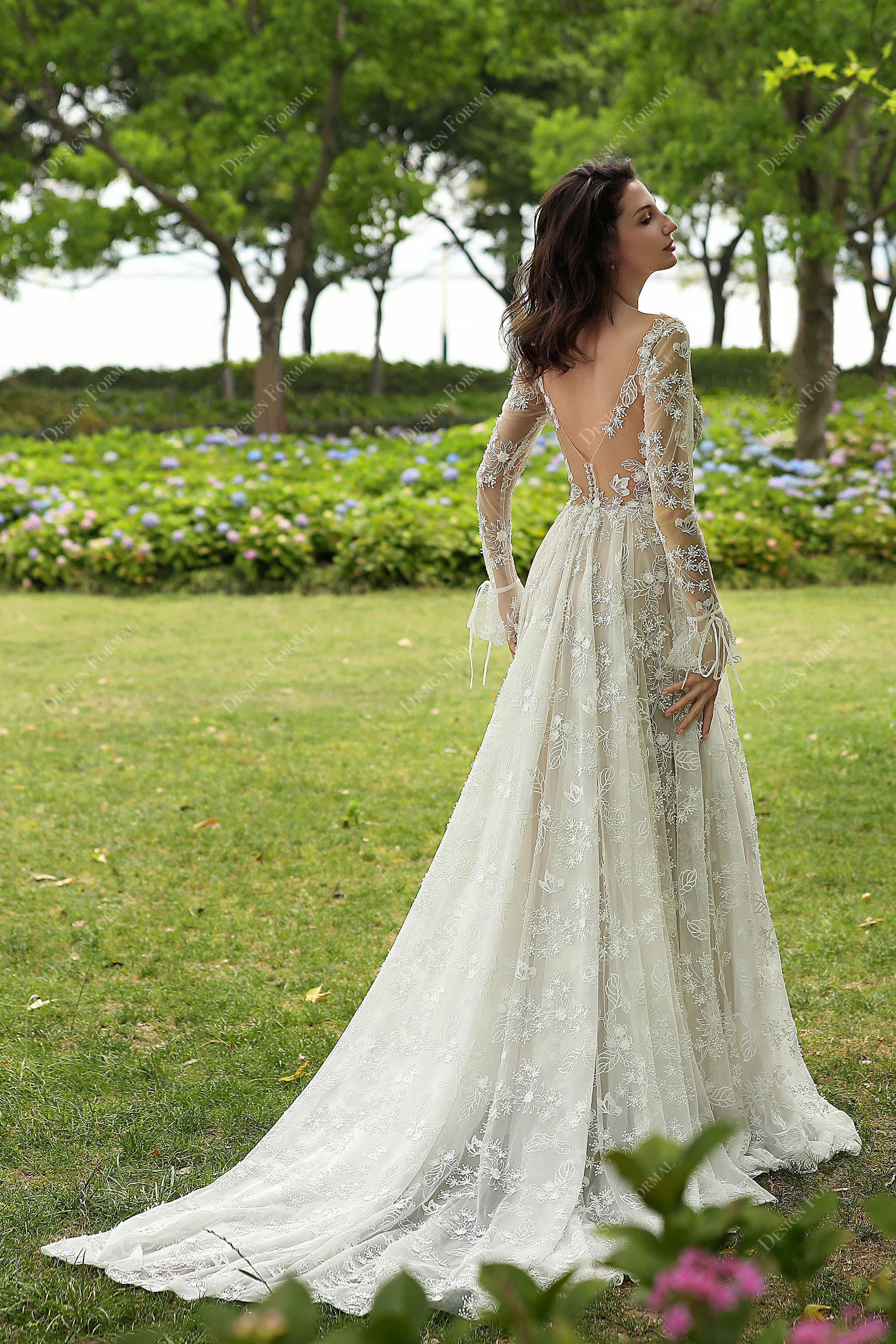 illusion V-back A-line bridal dress