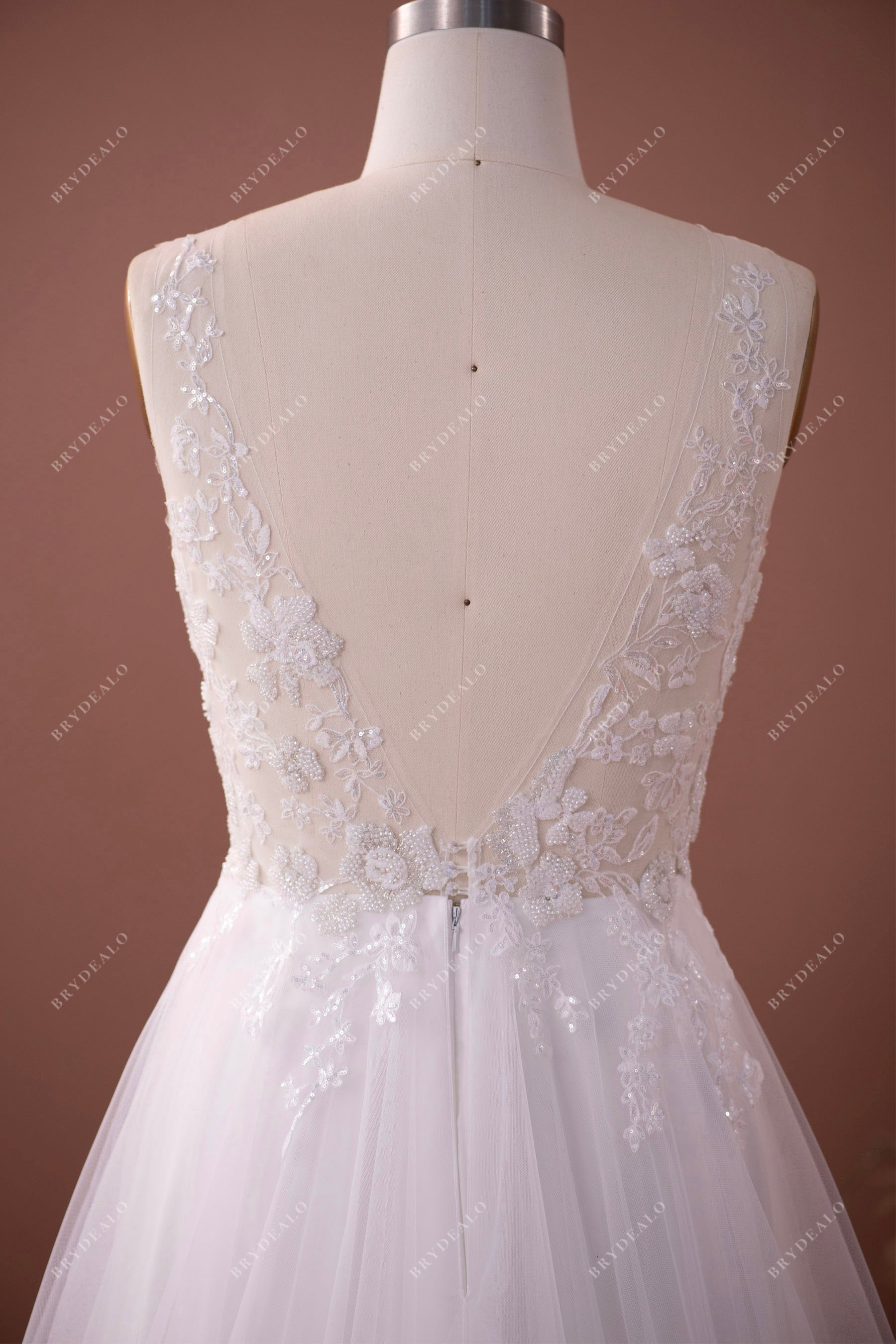 illusion V-back beaded lace spring wedding dress