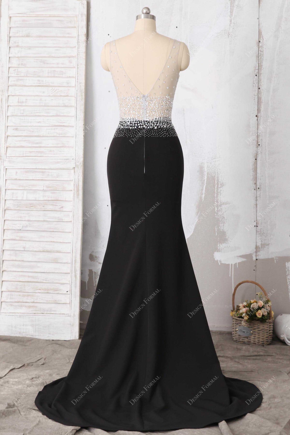 Allover Beaded Plunging V-neck Black Mermaid Prom Dress