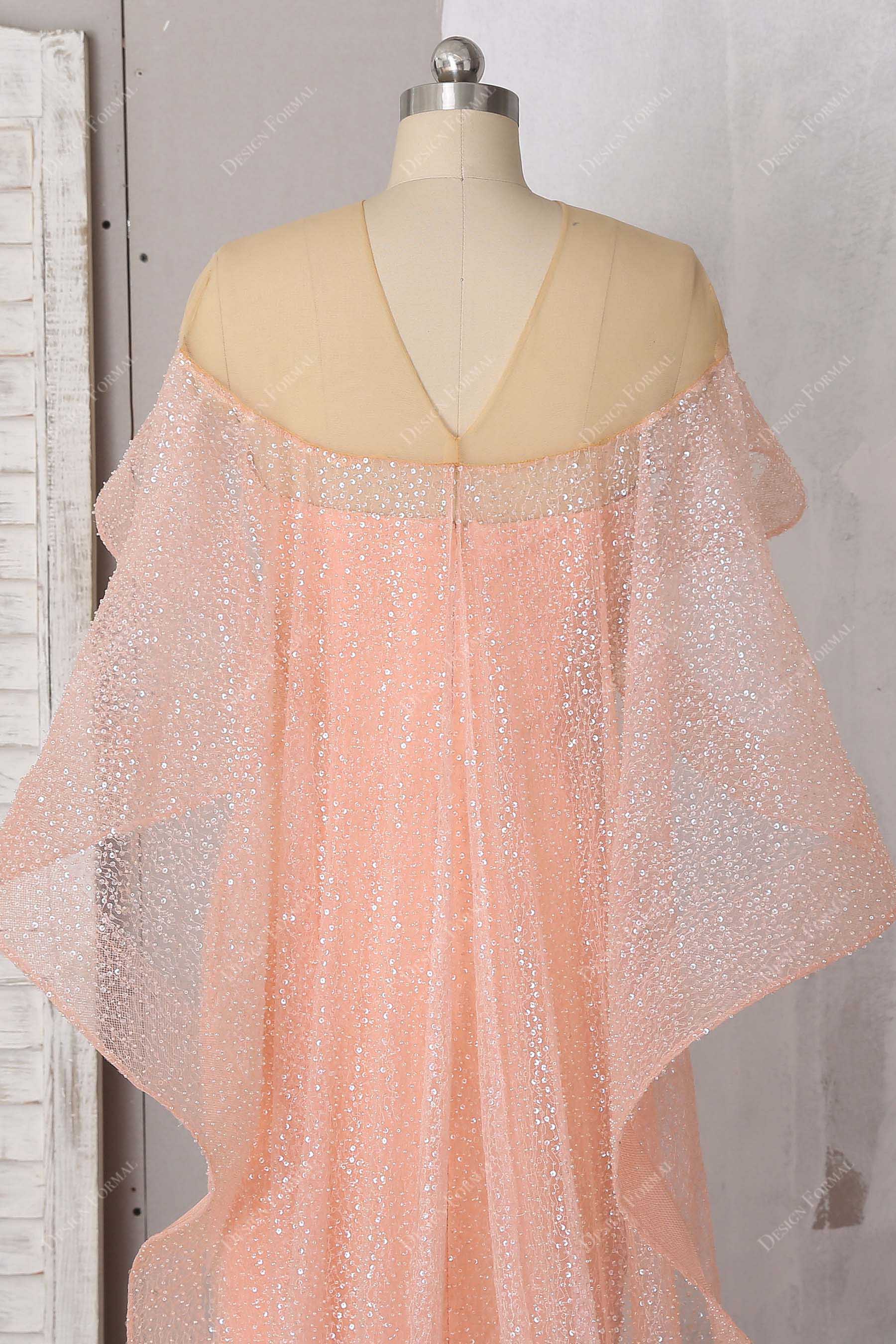 Brydealo Factory Peach Pink Glitter Cascading Cape Unique Prom Dress