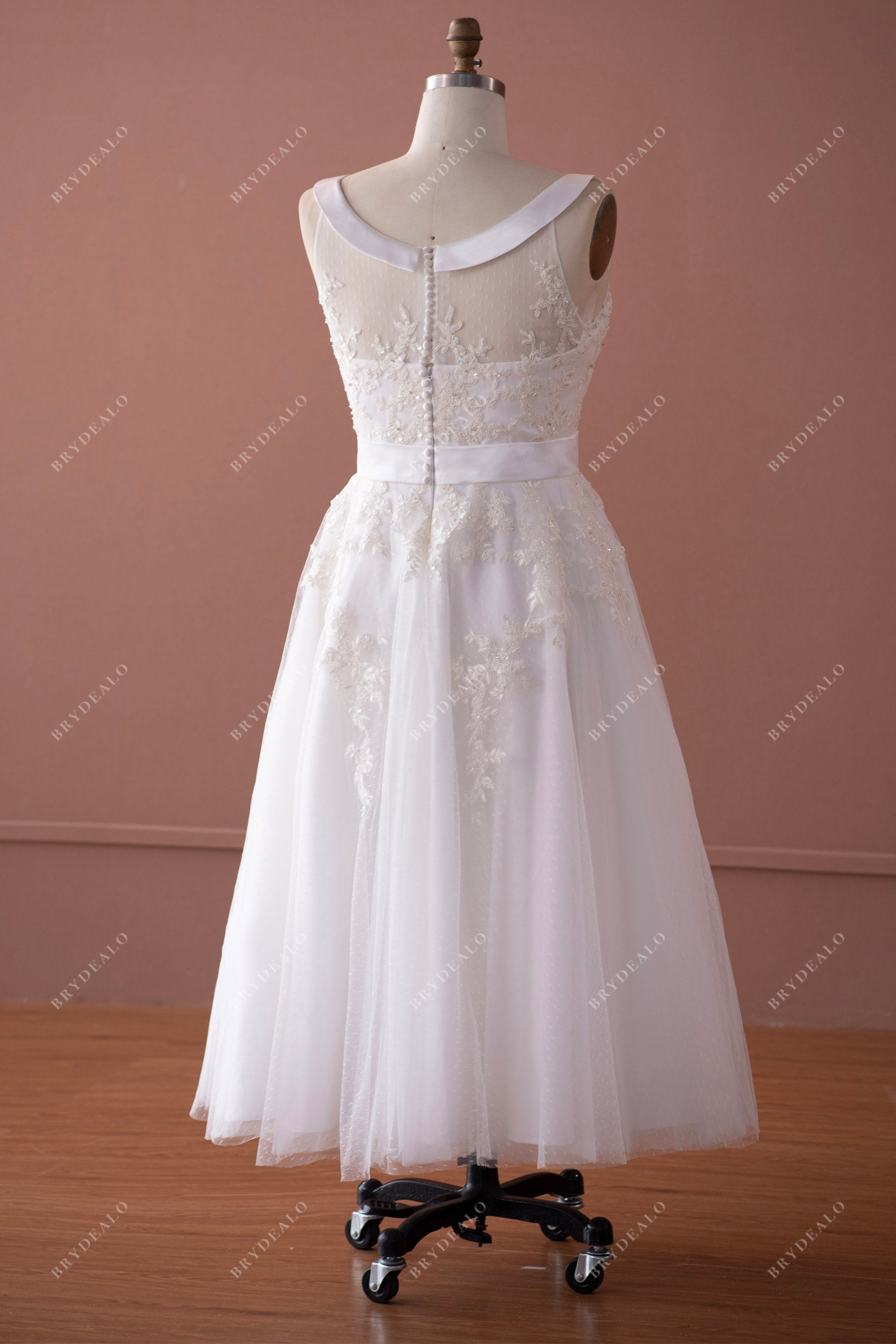tea length illusion back tulle wedding dress