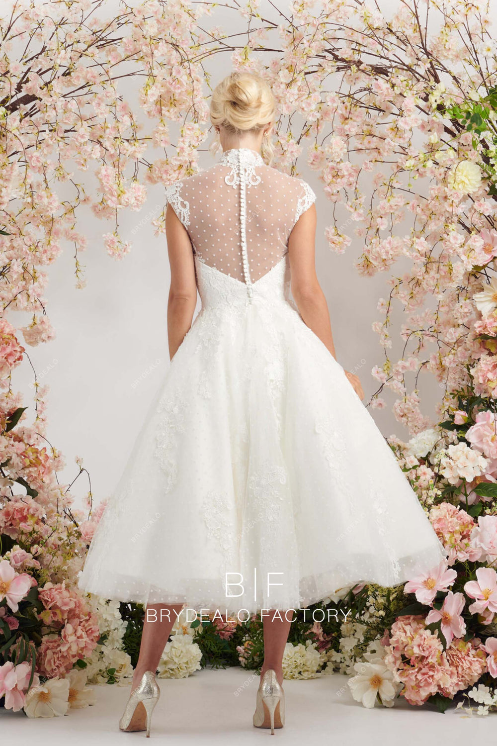 Vintage Dot Tulle 3/4 Sleeves Illusion Neck Tea-Length Wedding Gown main image 1