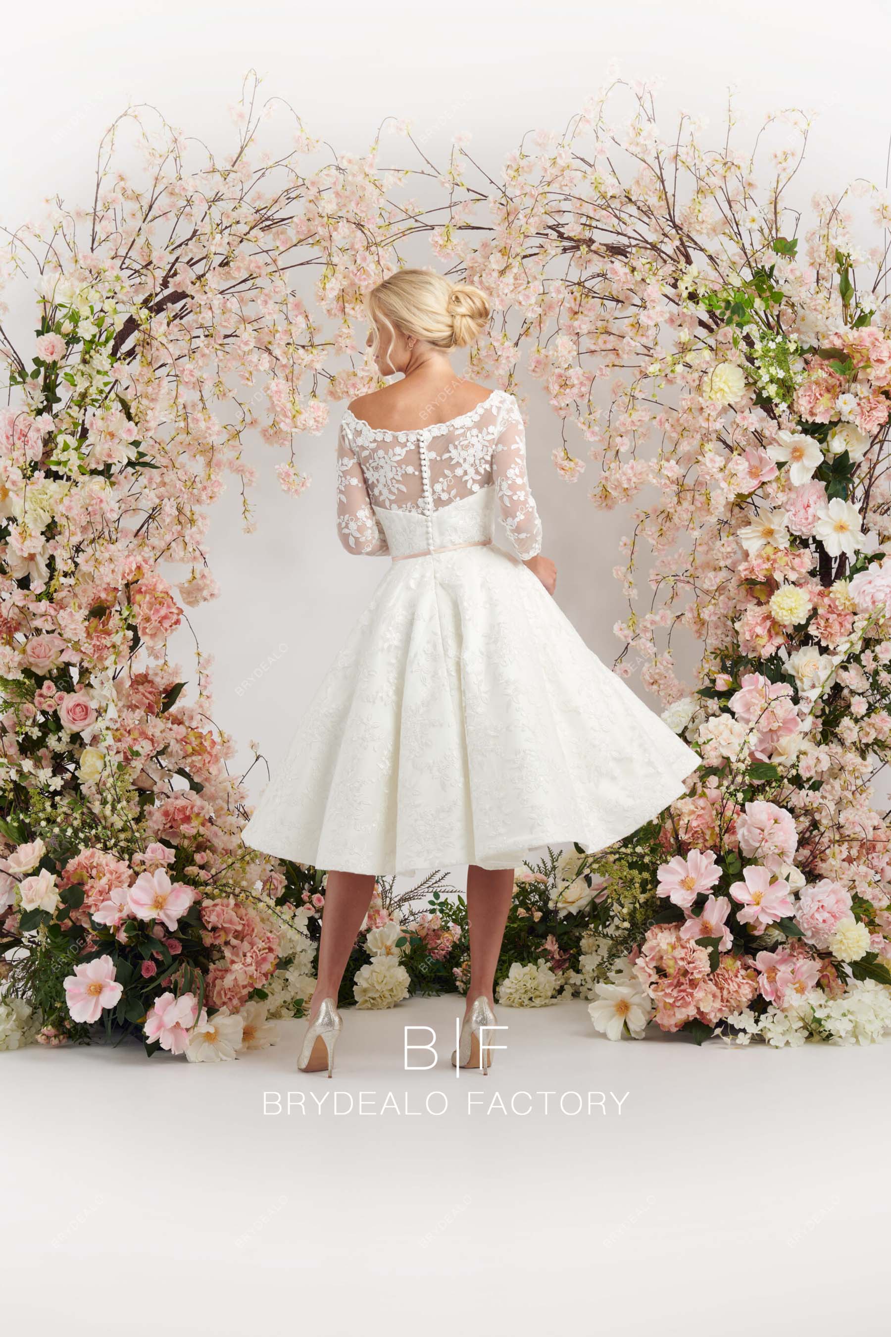 illusion back lace custom tea length bridal dress