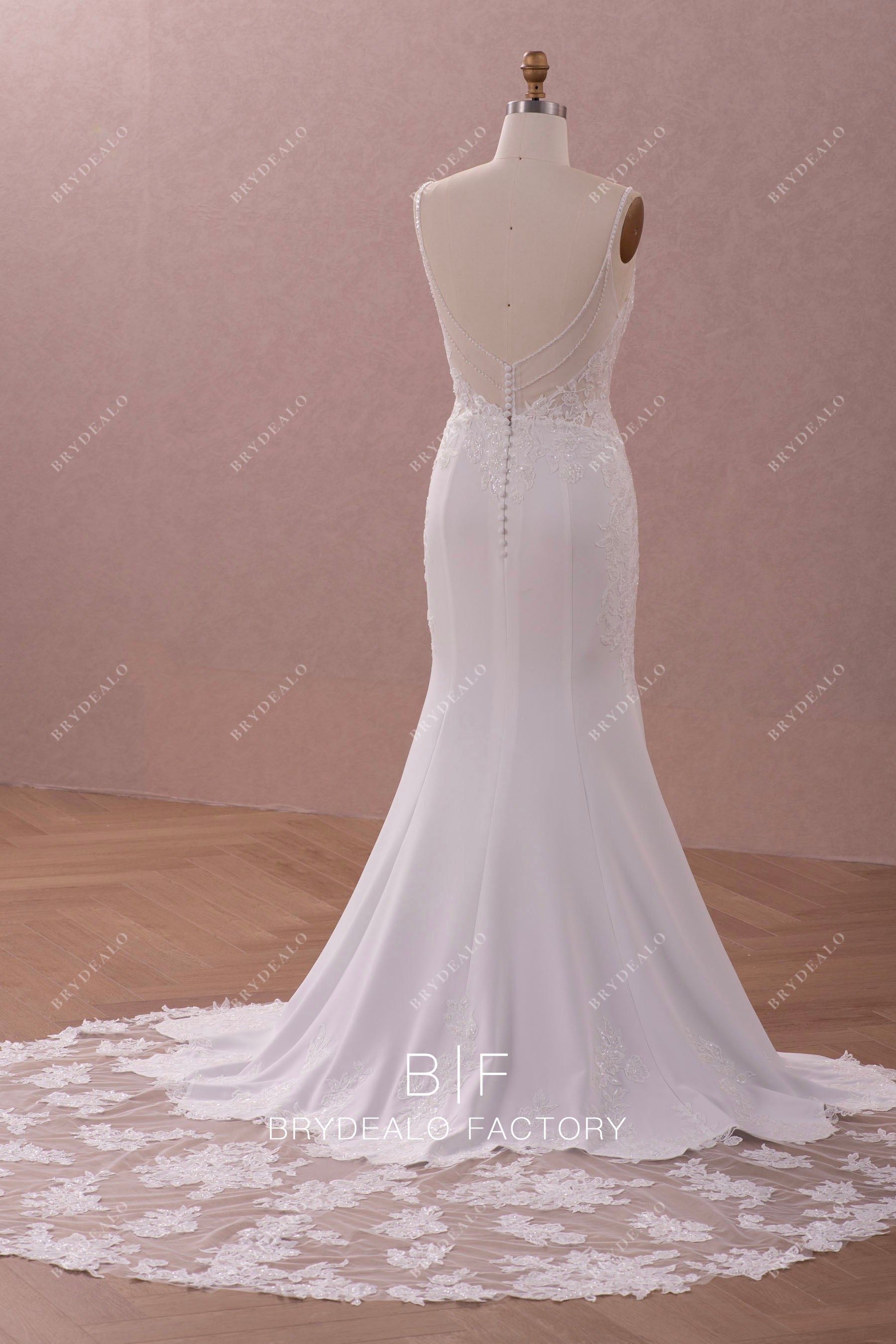 illusion back mermaid lace crepe wedding dress